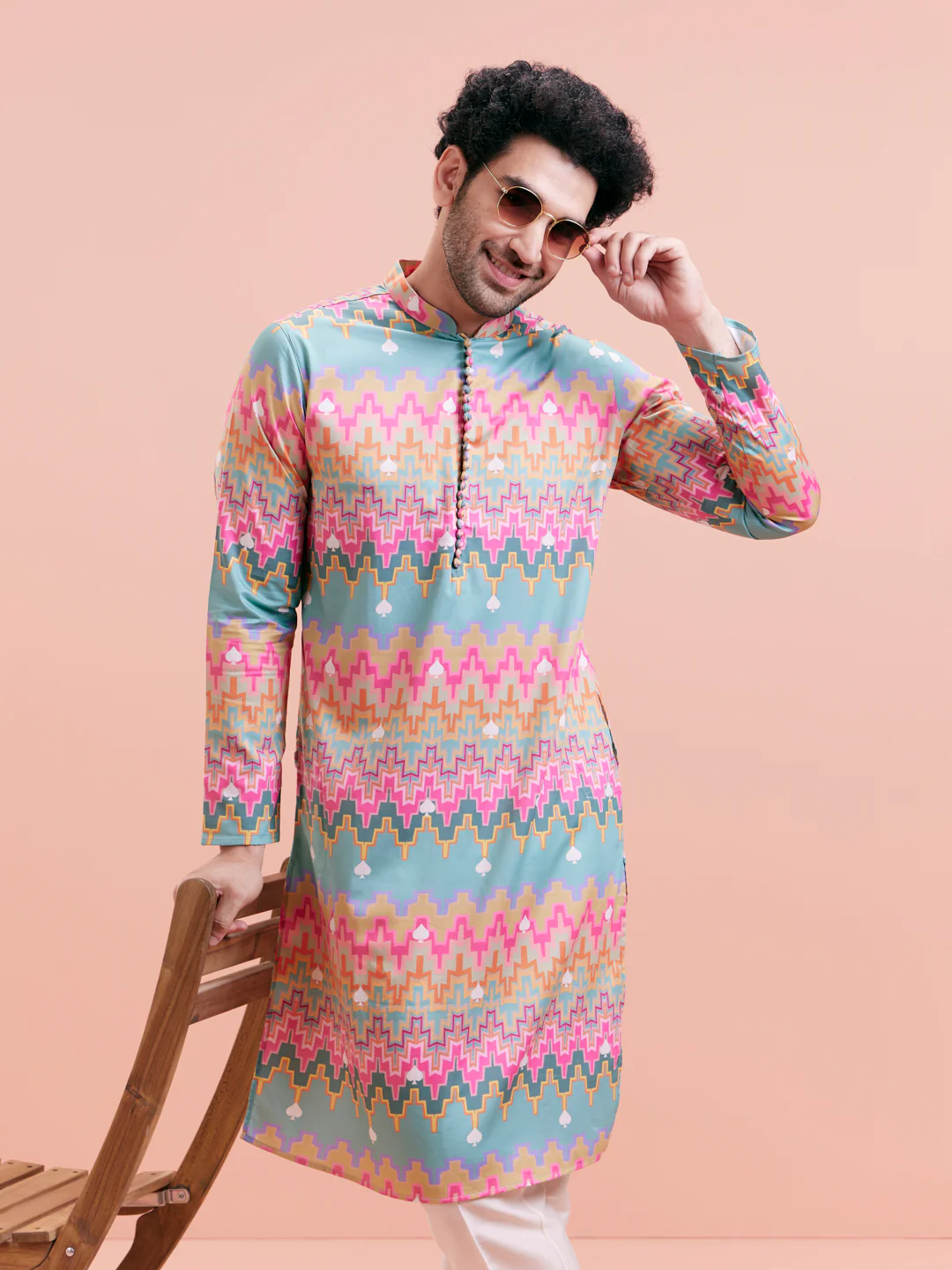 Aqua Blue Multicolor Printed Silk Kurta - Image 7