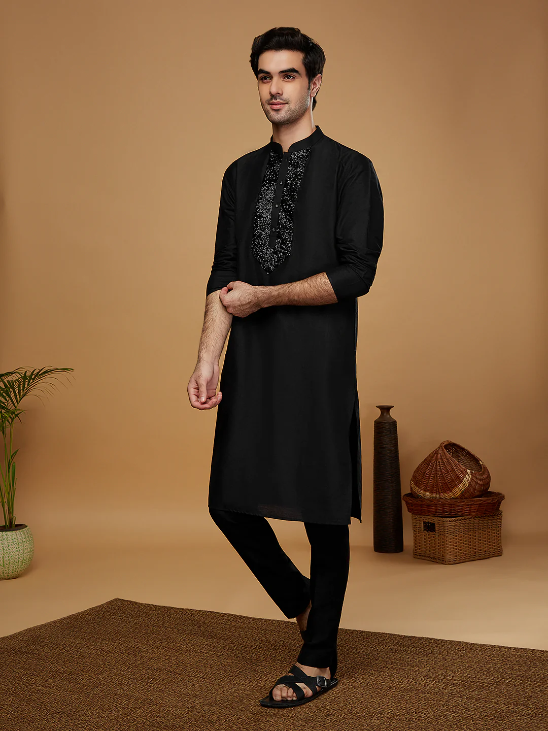 Black Embroidered Silk Blend Kurta with Trouser - Image 3