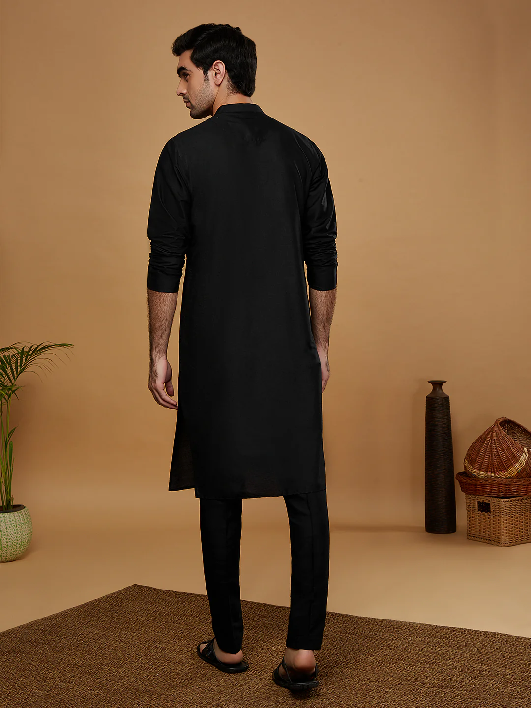 Black Embroidered Silk Blend Kurta with Trouser - Image 4