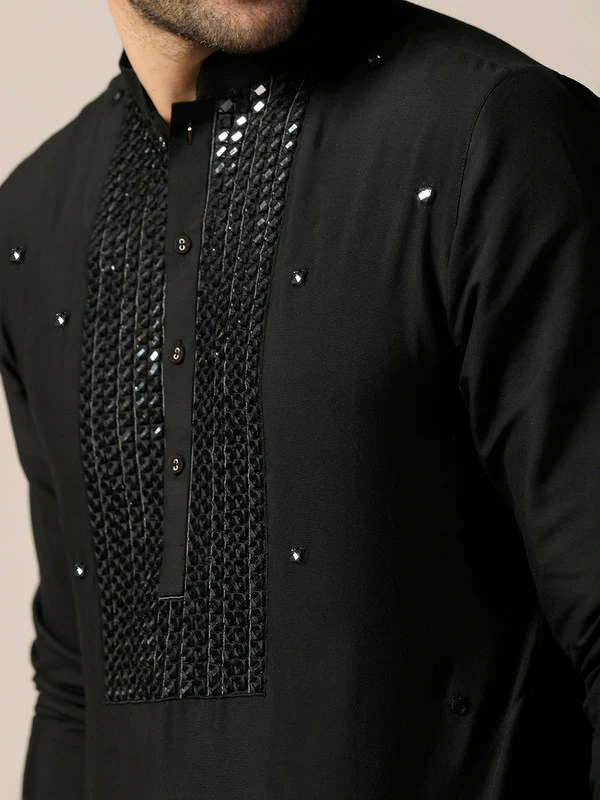 Black Silk Blend Mirror Work Kurta with Trouser - Image 5