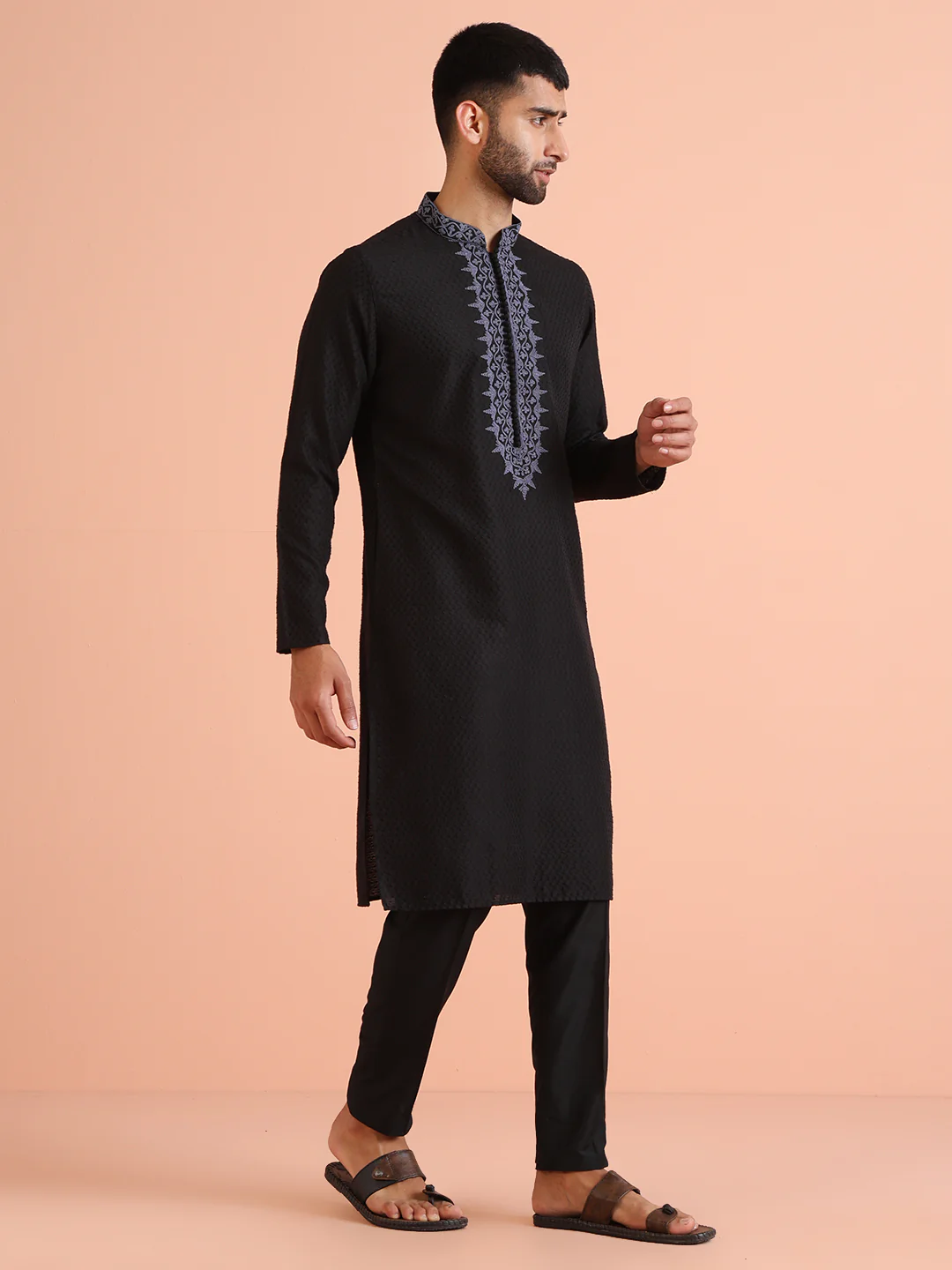 Men Black Kurta Trouser Set - Image 3