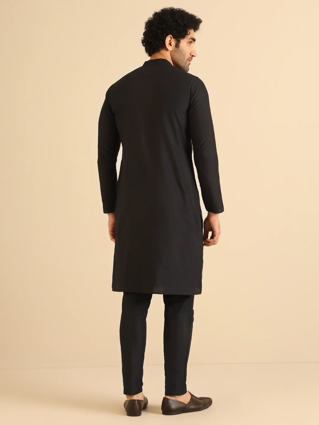 Black Cotton Silk Kurta Trouser Set Pintuck Detail Solid Ethnic Outfit Festive Wear - Image 4