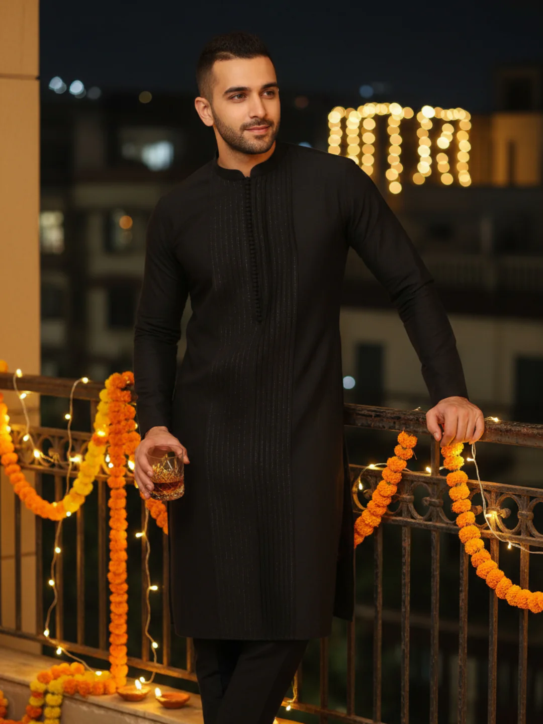 Black Cotton Silk Kurta Trouser Set Pintuck Detail Solid Ethnic Outfit Festive Wear - Image 7
