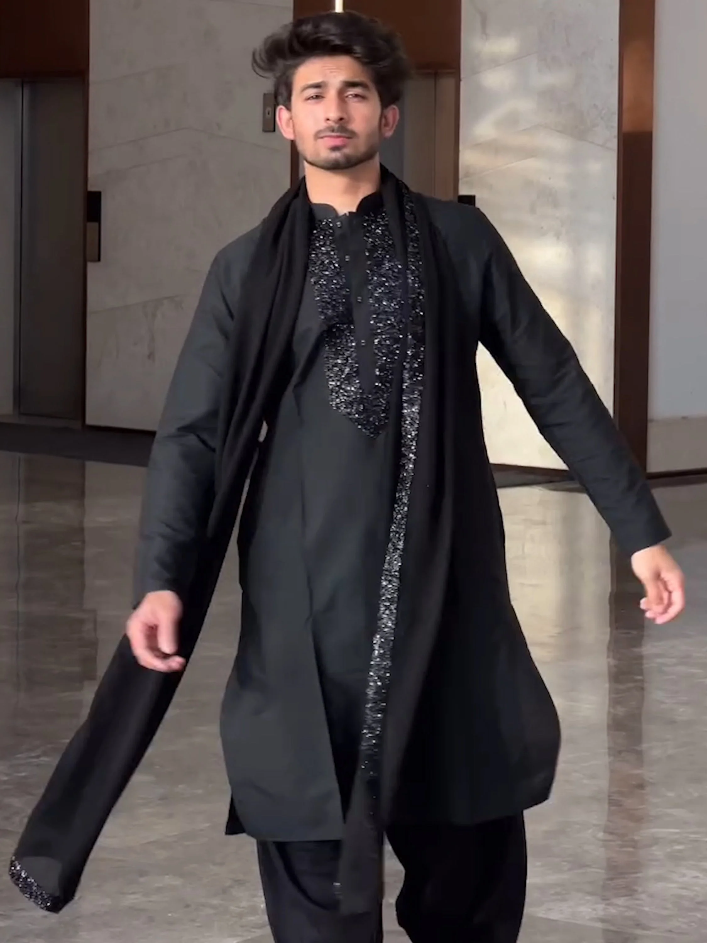 Black Silk Embroidered Kurta Trouser with Dupatta - Image 10