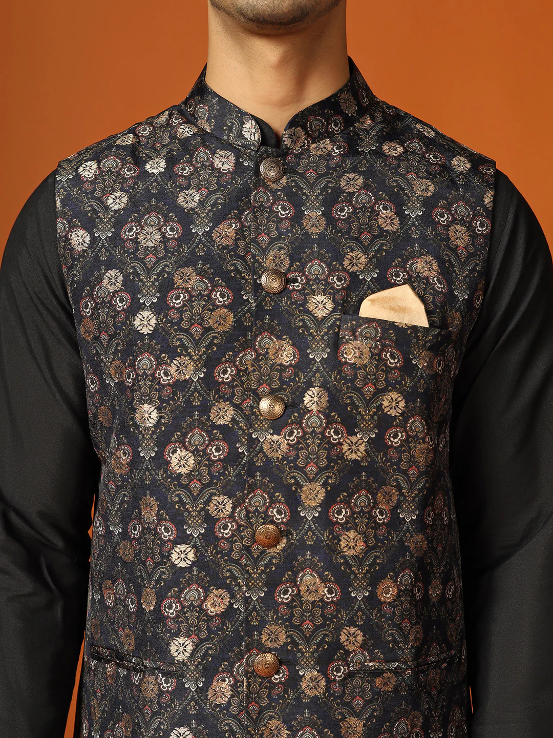 Black Cotton Silk Textured Floral Nehru Jacket - Image 5