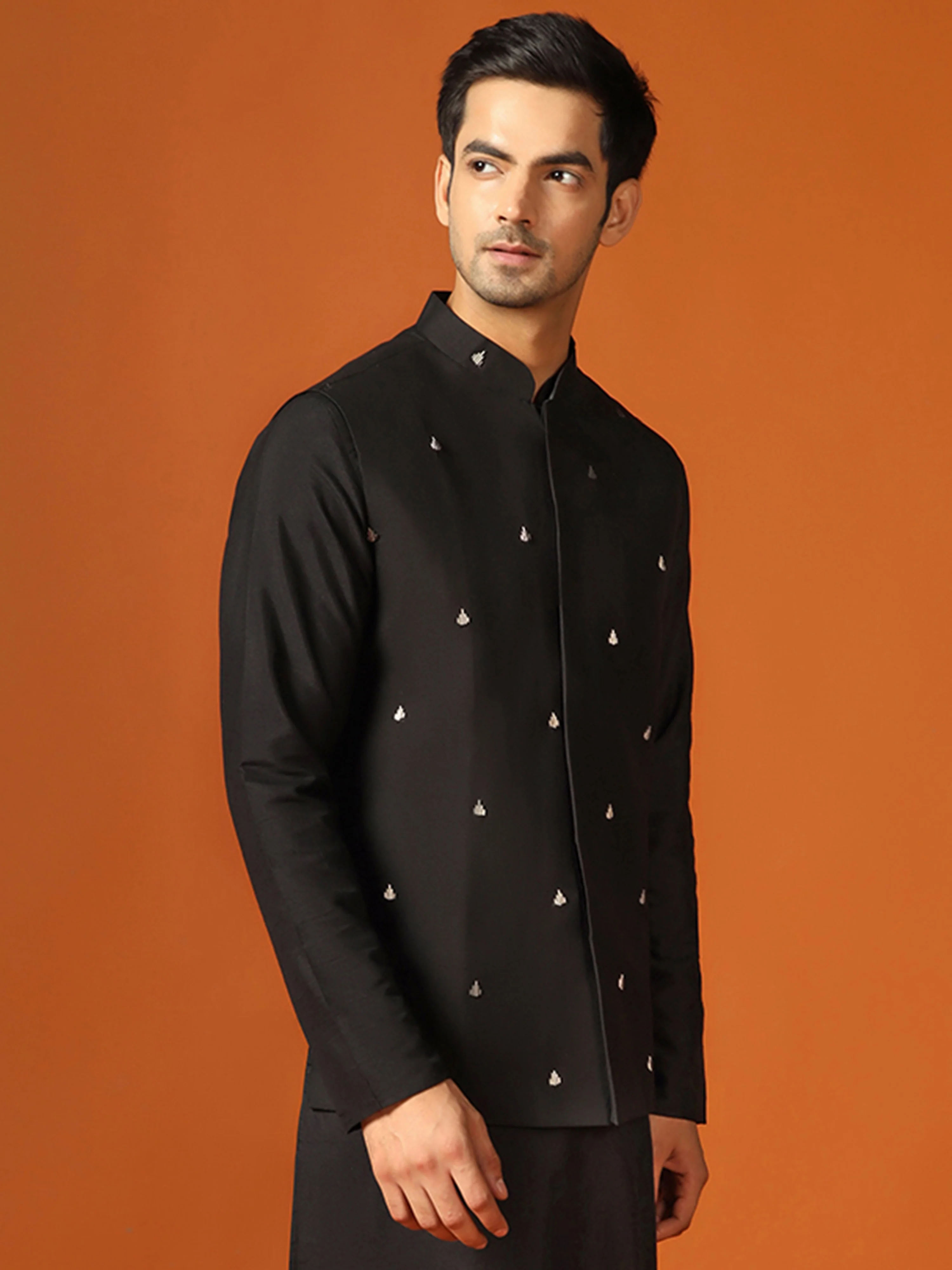 Black Cotton Silk Minimal Embroidered Nehru Jacket - Image 2
