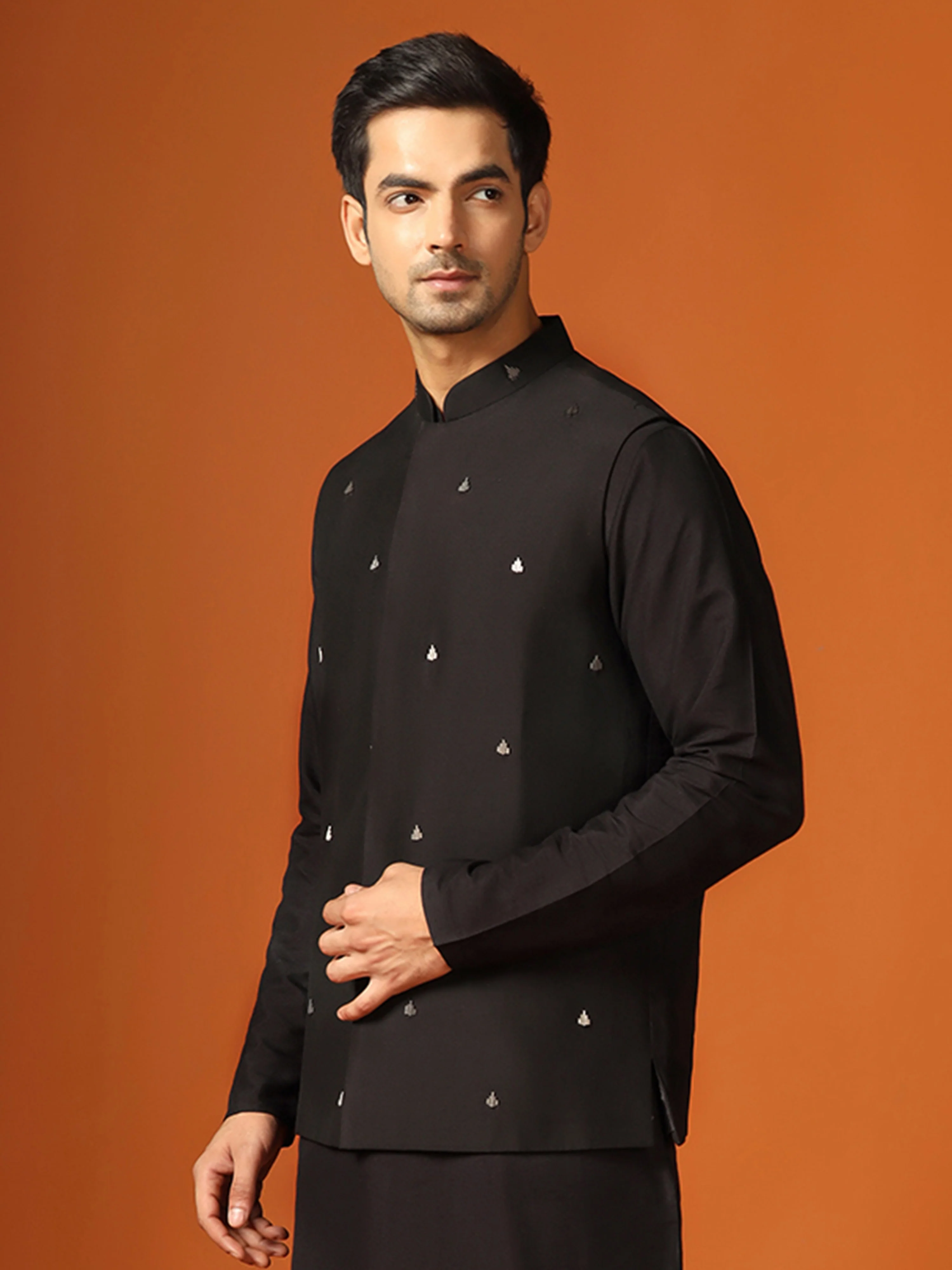 Black Cotton Silk Minimal Embroidered Nehru Jacket - Image 3