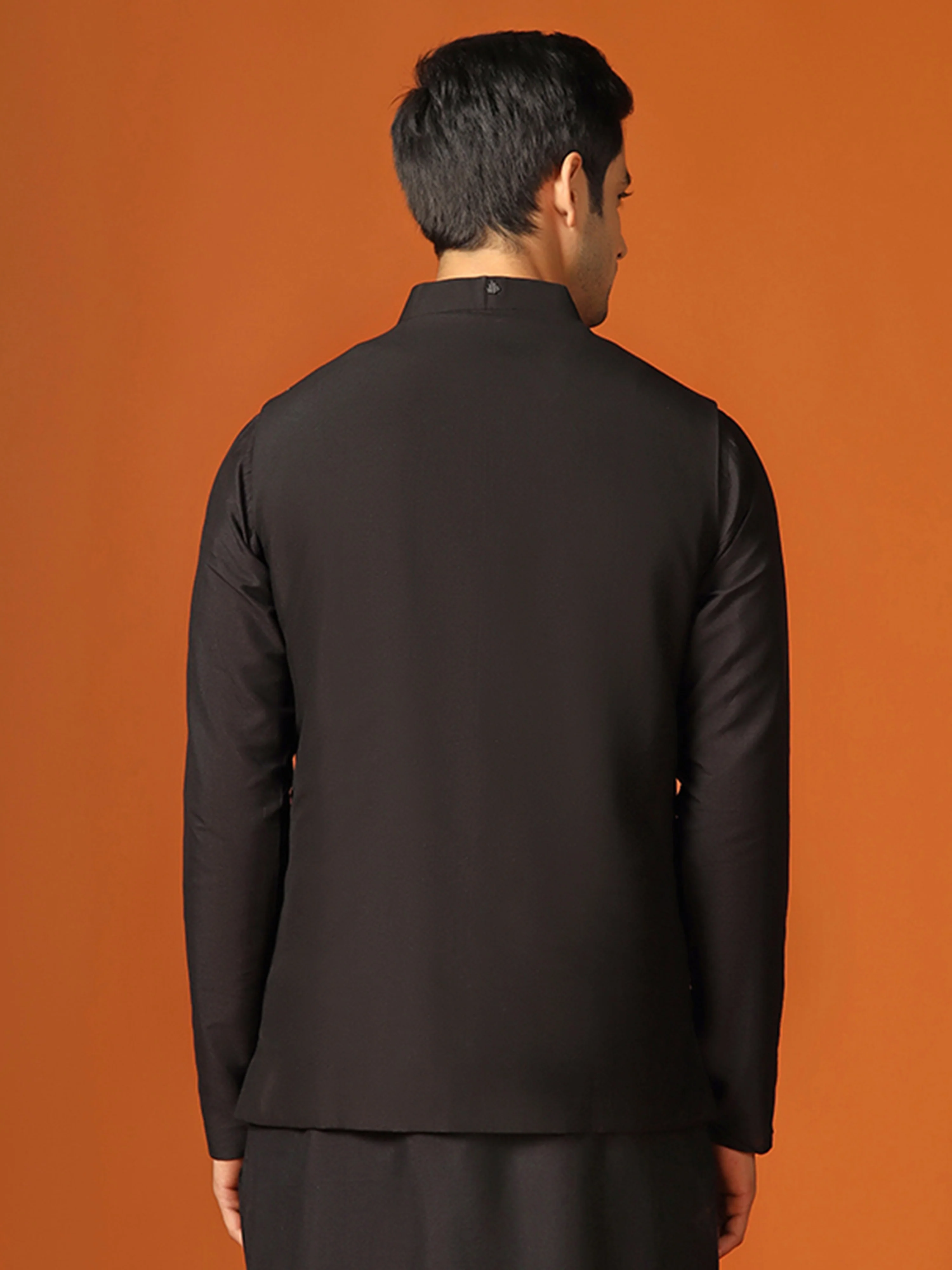 Black Cotton Silk Minimal Embroidered Nehru Jacket - Image 4