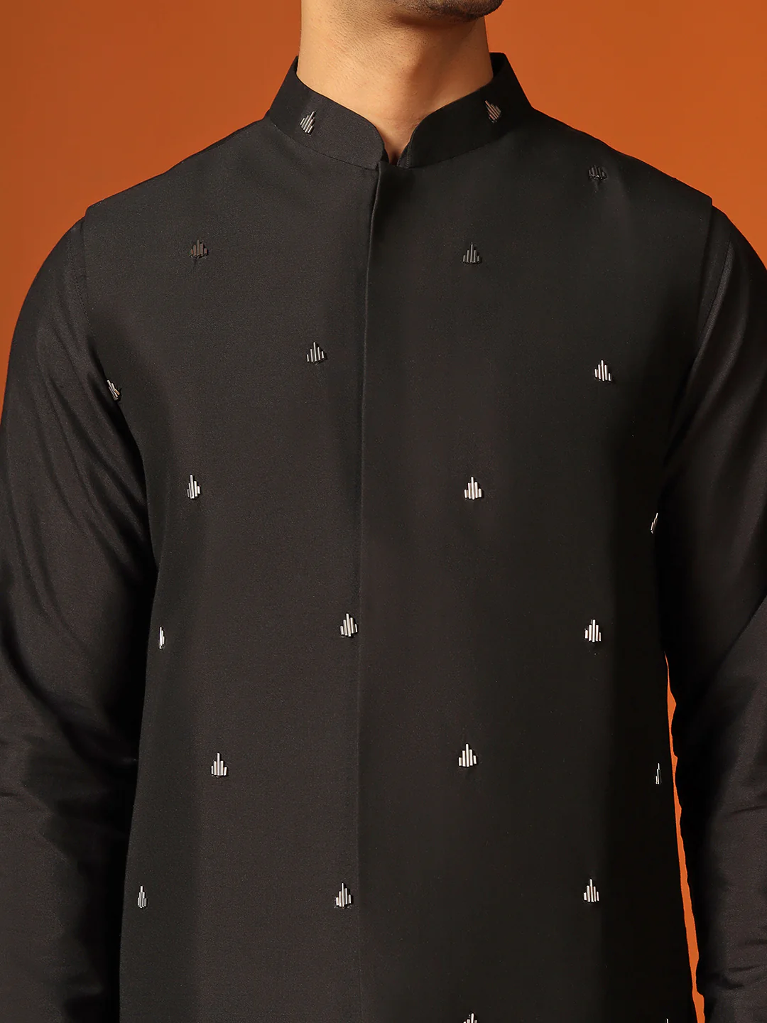 Black Cotton Silk Minimal Embroidered Nehru Jacket - Image 5