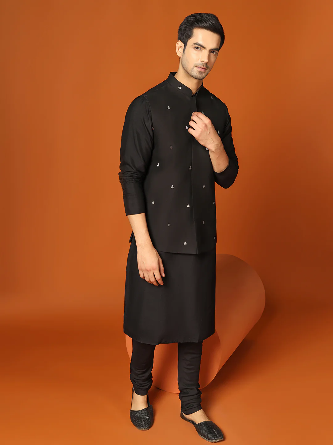 Black Cotton Silk Minimal Embroidered Nehru Jacket - Image 6