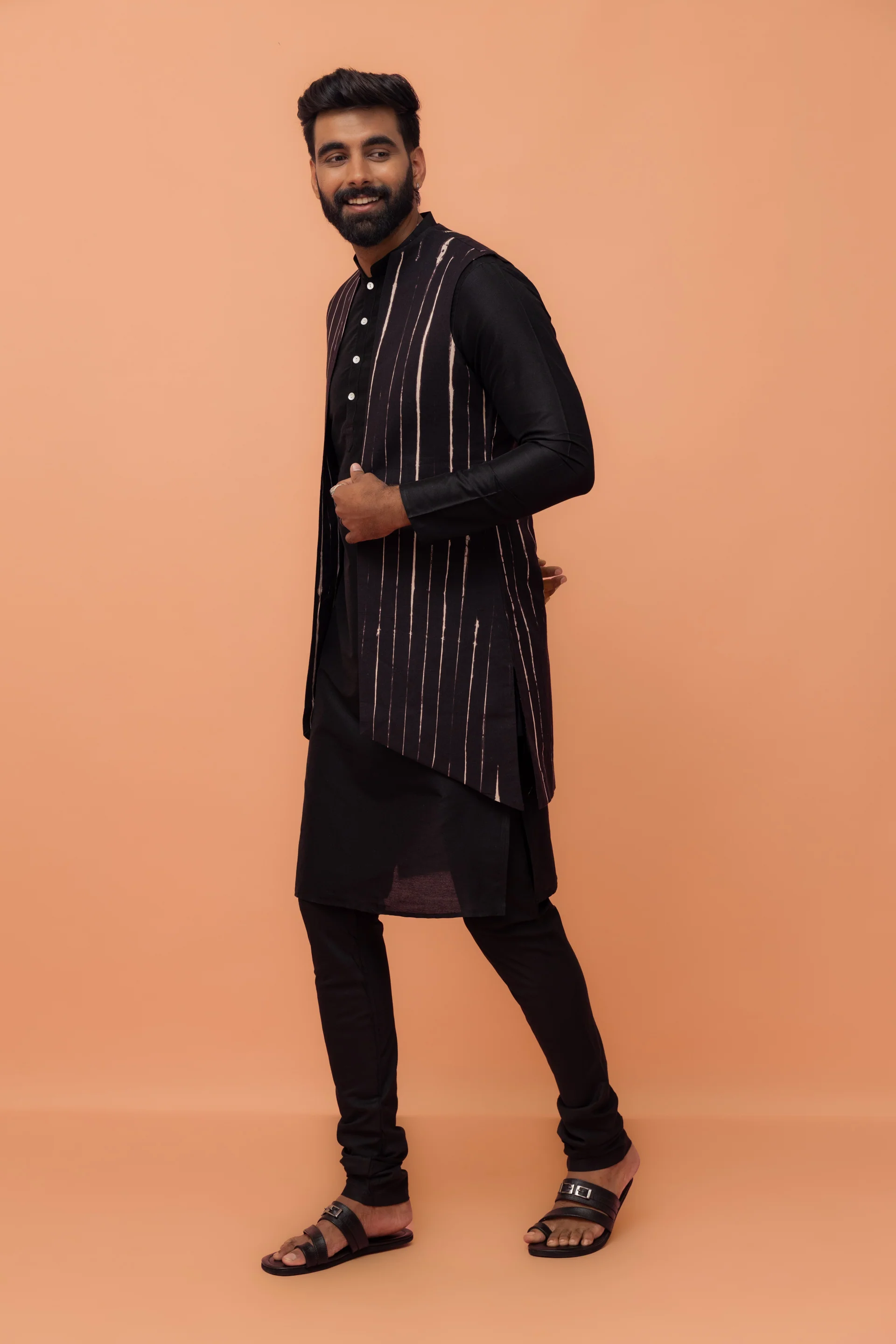 Black Front Open Jacket Kurta Churidar Set - Image 2