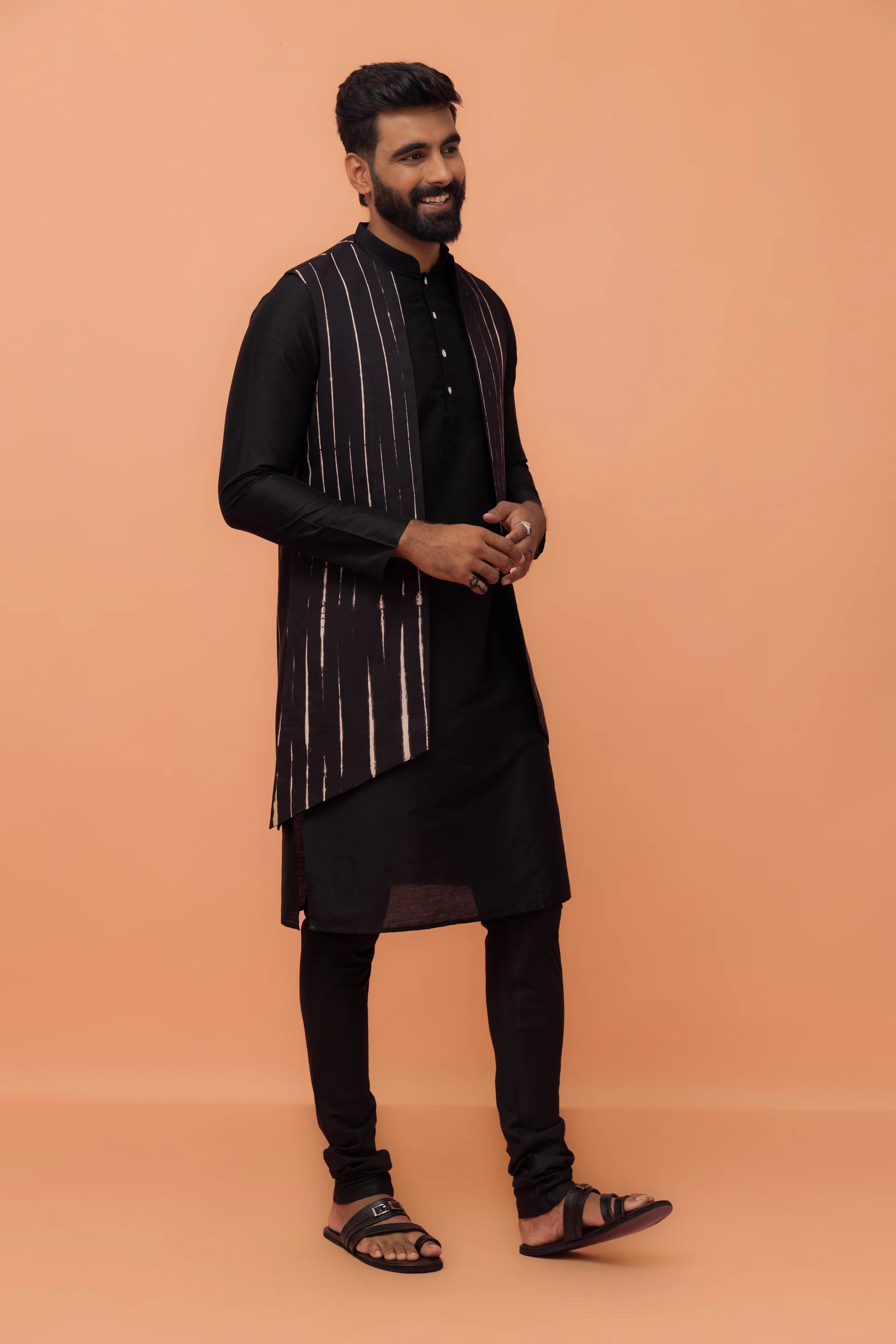 Black Front Open Jacket Kurta Churidar Set - Image 3