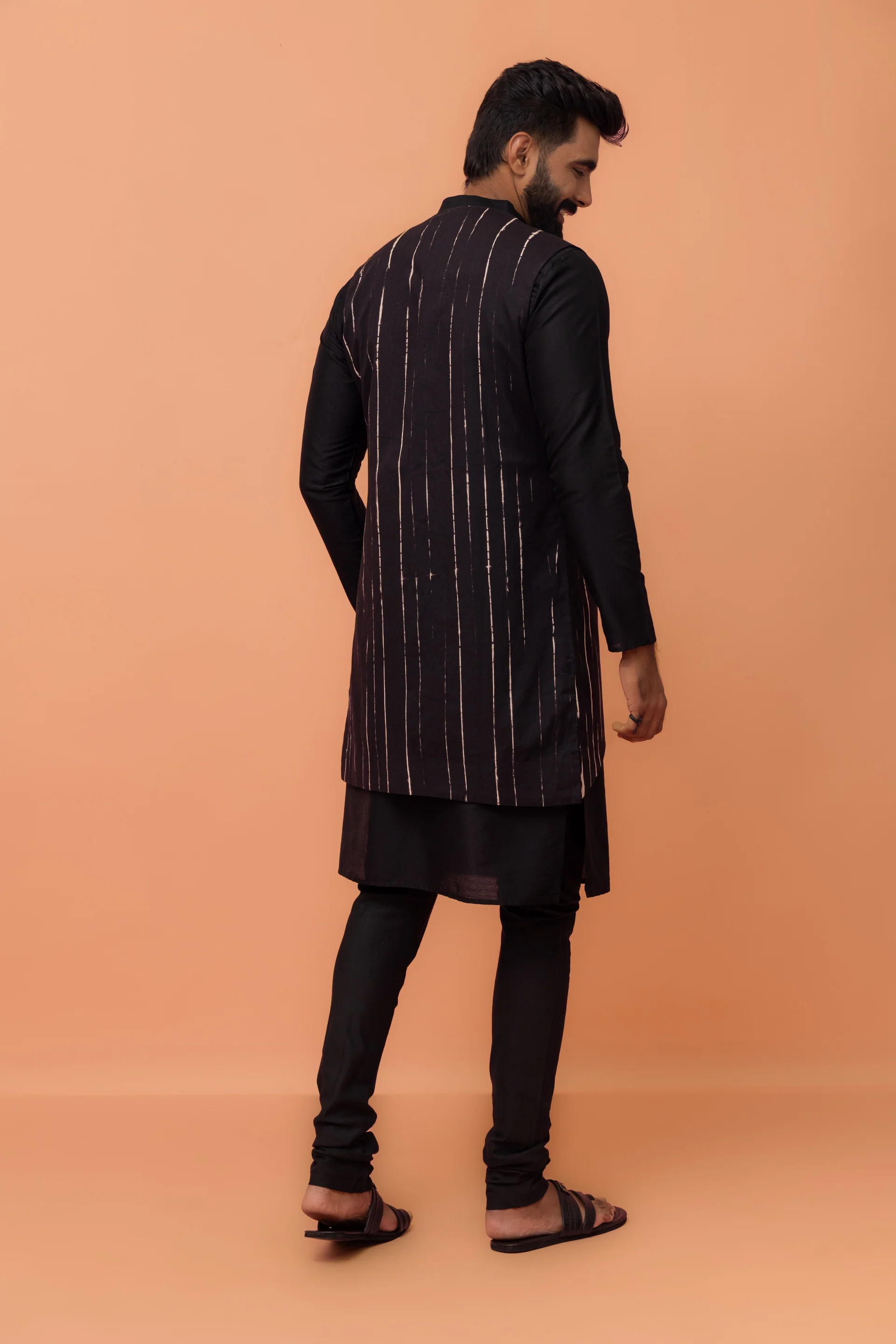 Black Front Open Jacket Kurta Churidar Set - Image 4