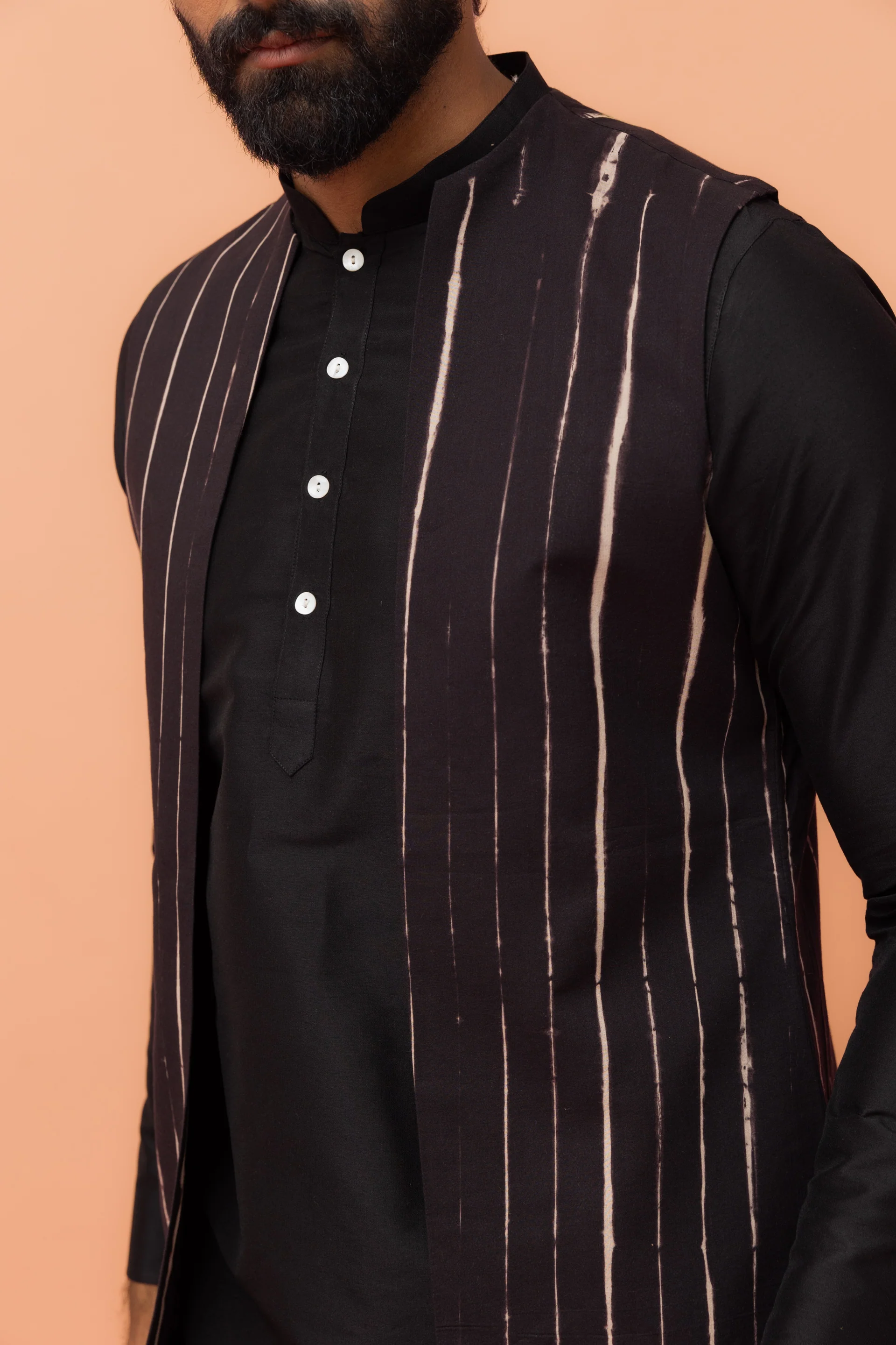 Black Front Open Jacket Kurta Churidar Set - Image 5