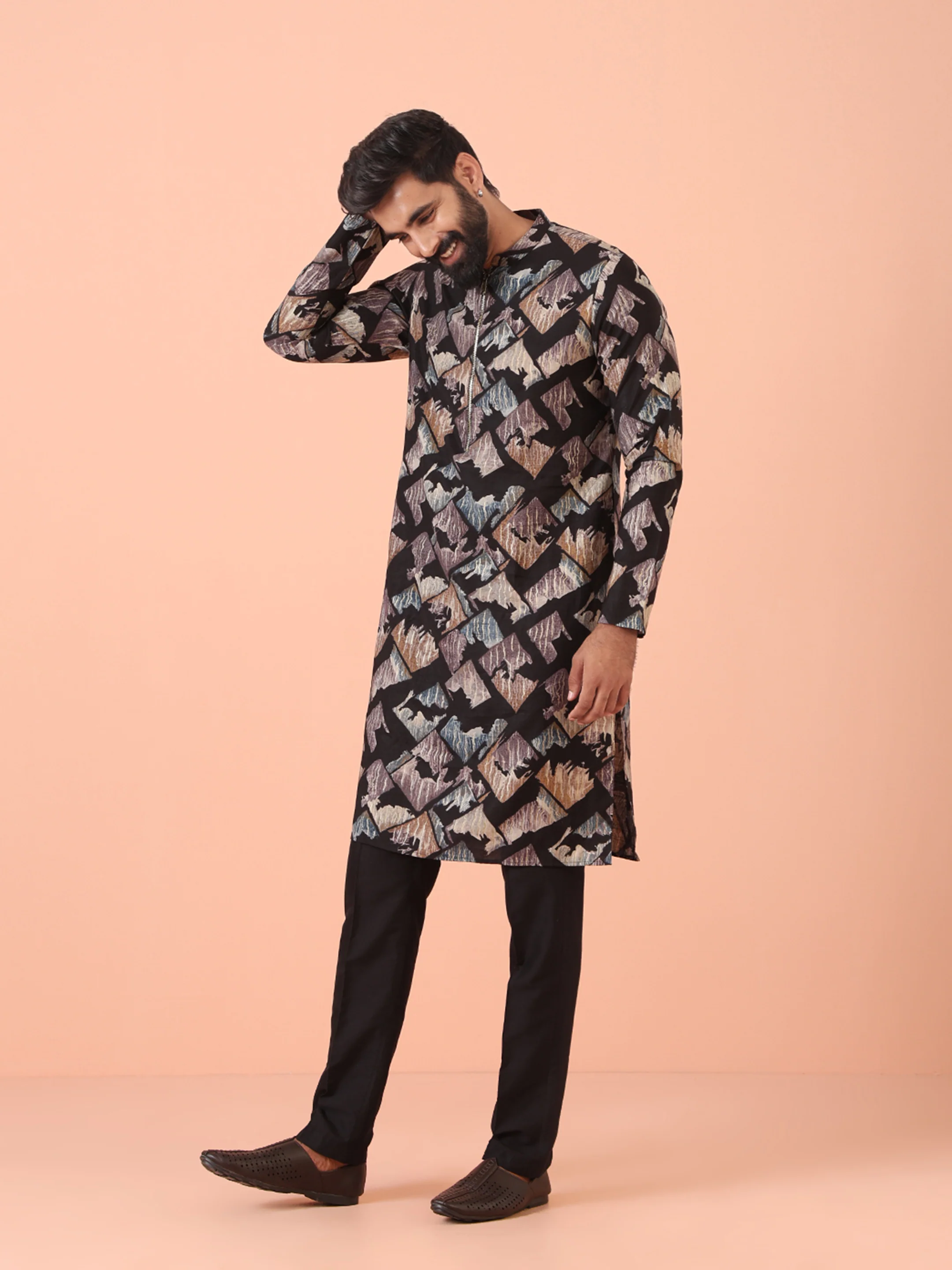 Black Kurta with Multicolour Abstract Print and Zip Closure - Image 2