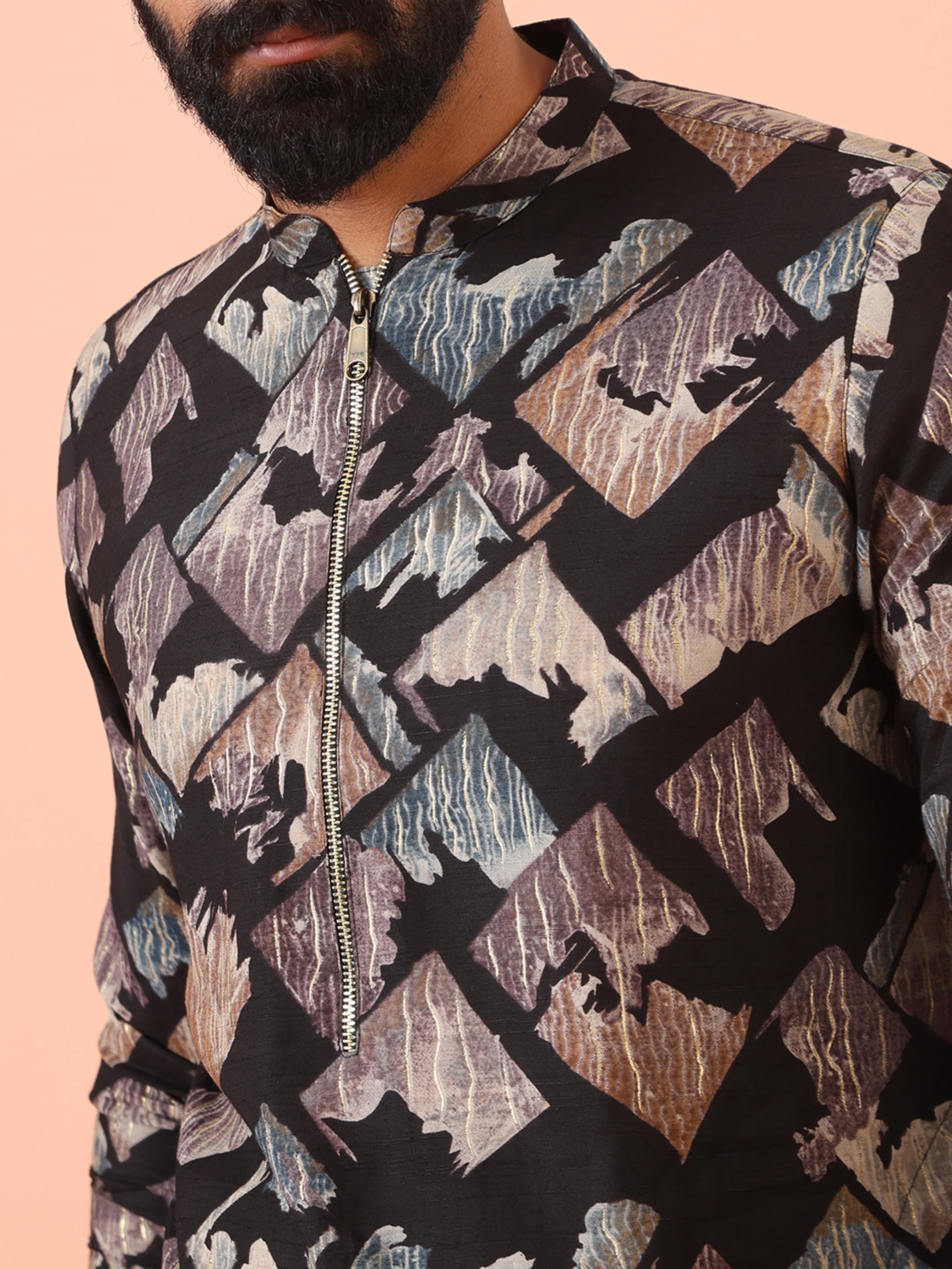 Black Kurta with Multicolour Abstract Print and Zip Closure - Image 5