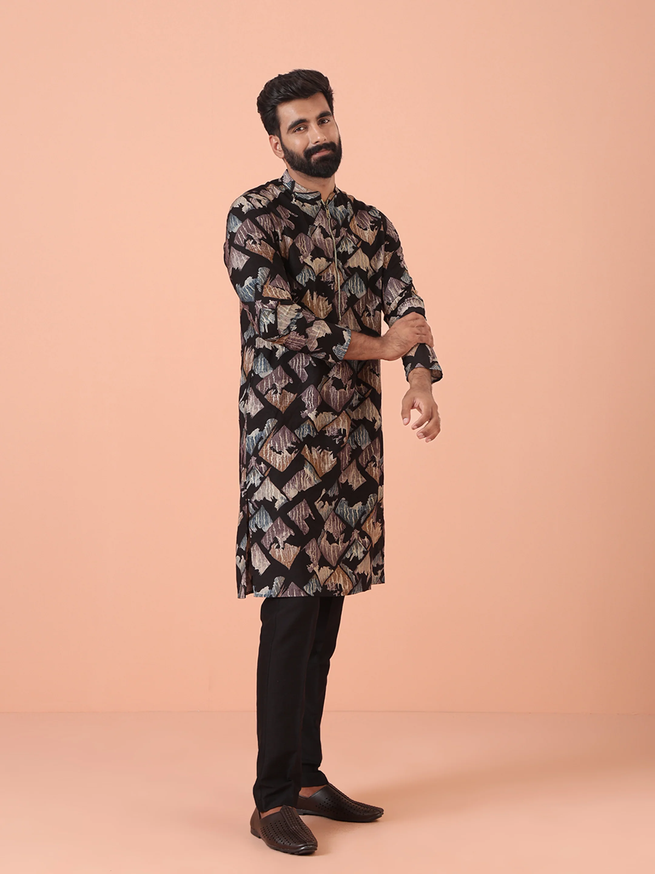 Men Black Printed Kurta Trouser Set - Image 3
