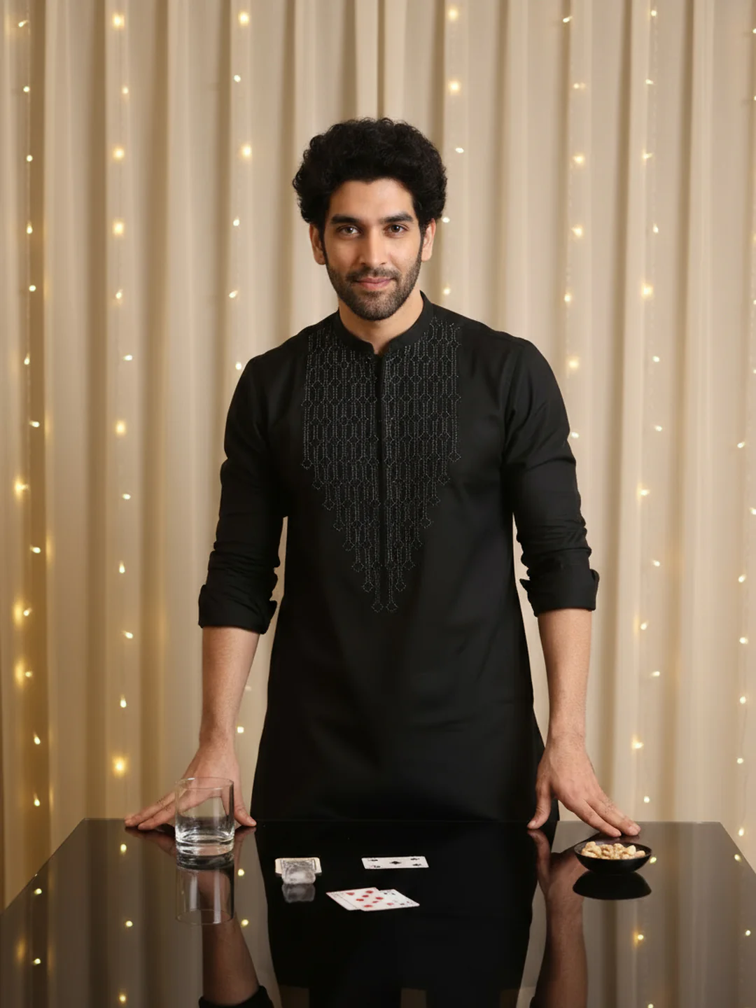 Men Black Rhine Stone Kurta Trouser Set - Image 2