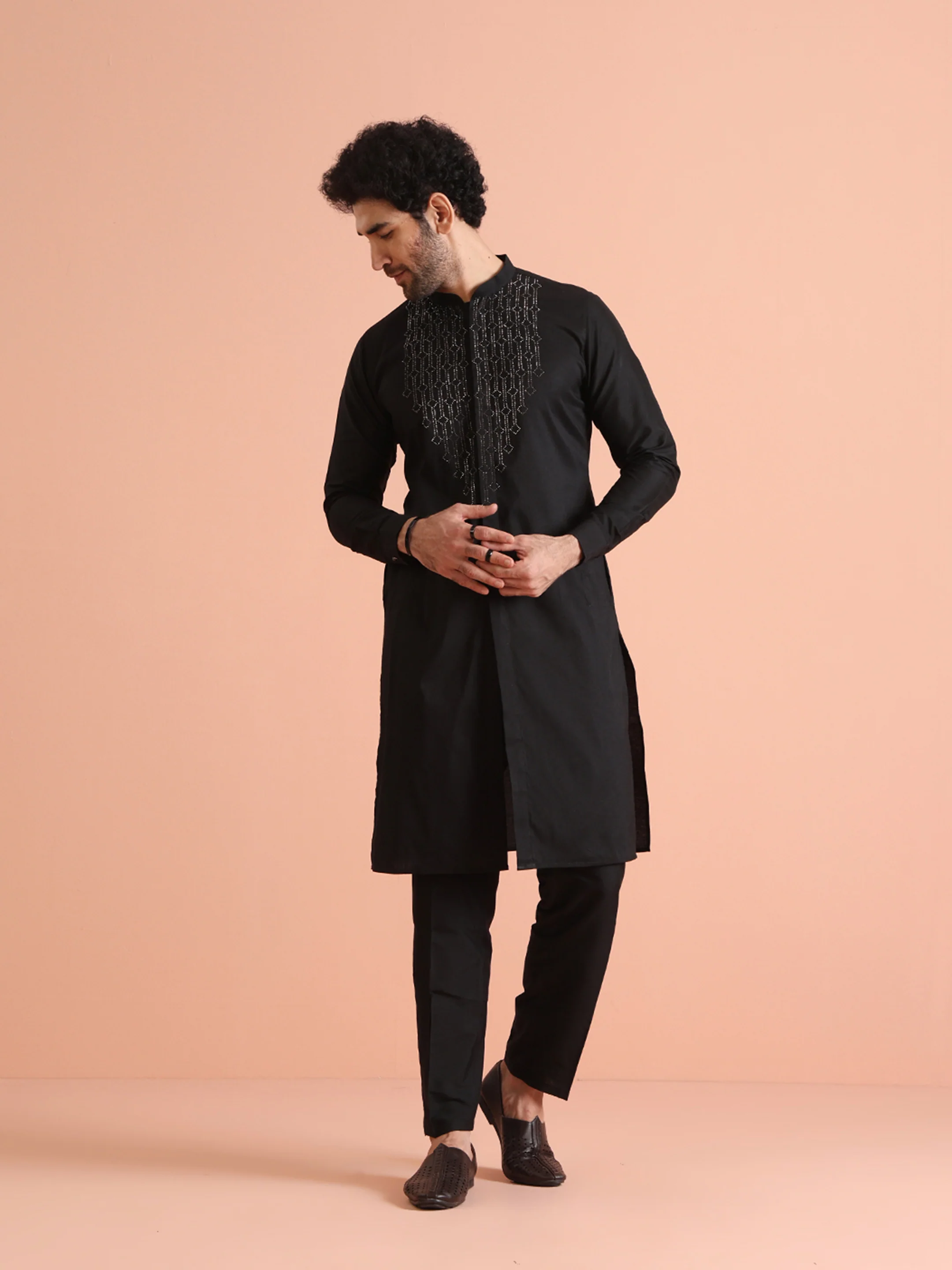 Men Black Rhine Stone Kurta Trouser Set - Image 3