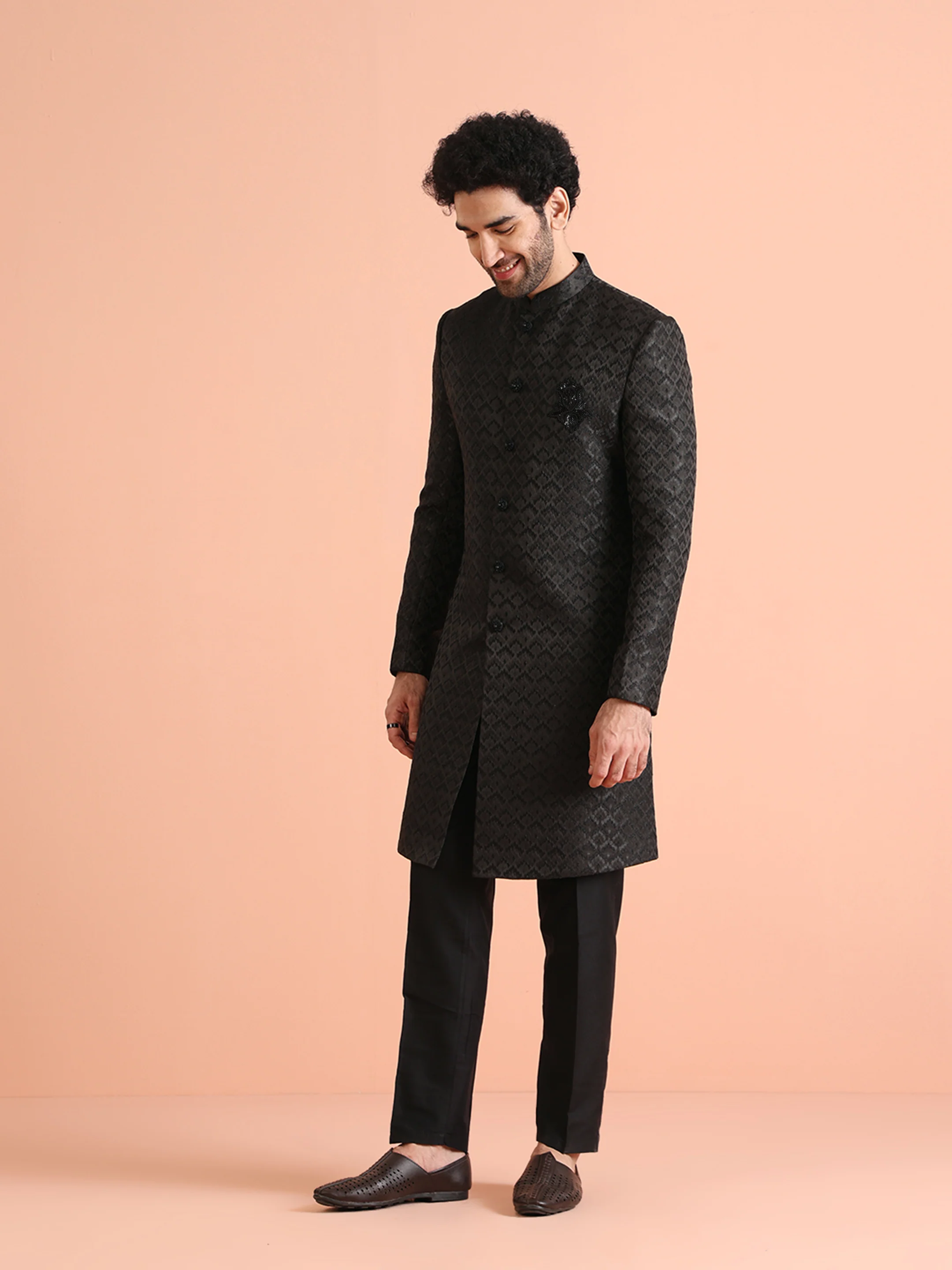 Men Black Self Design Indowestern Trousers Set - Image 3