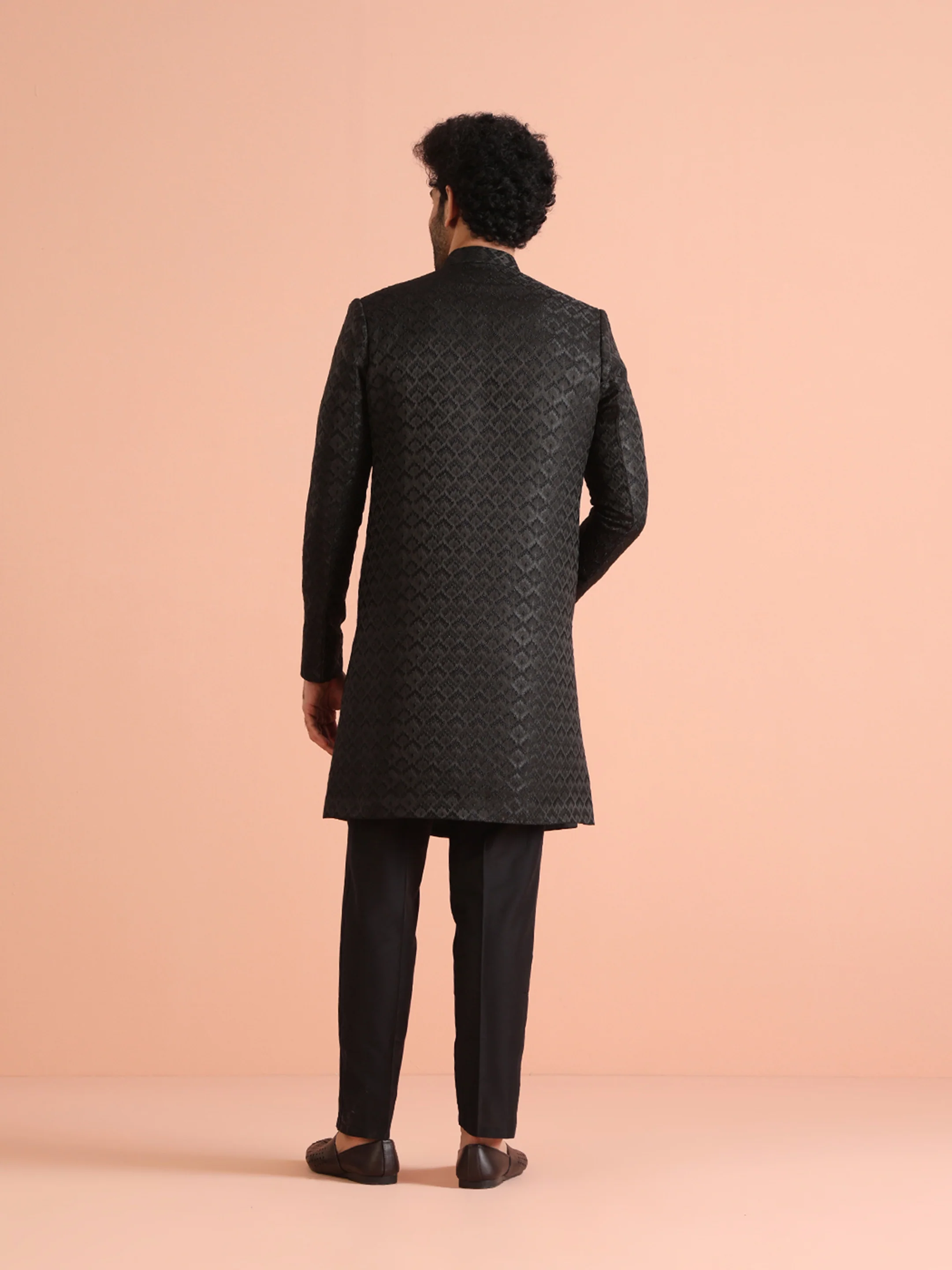 Men Black Self Design Indowestern Trousers Set - Image 4