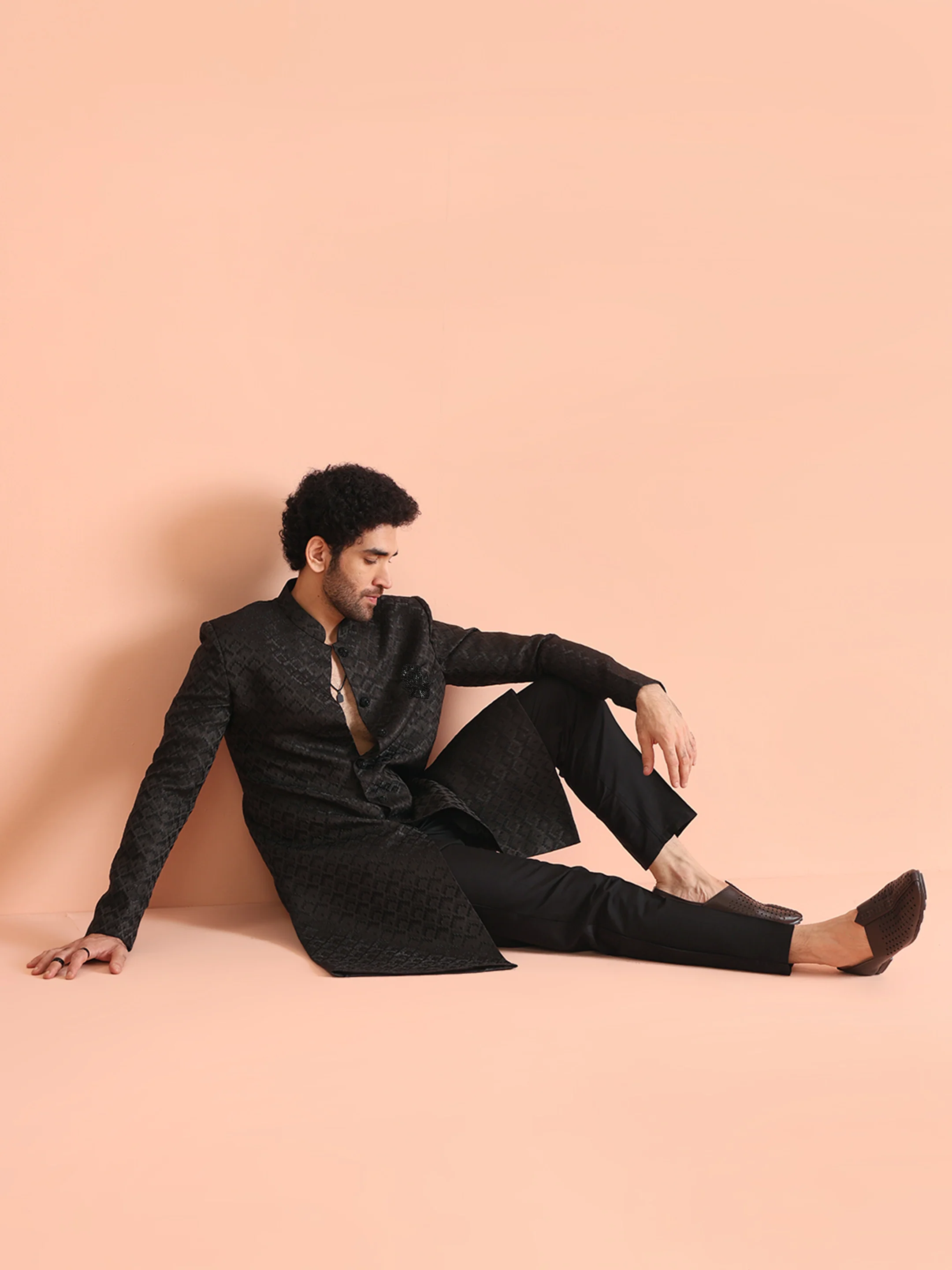 Men Black Self Design Indowestern Trousers Set - Image 7