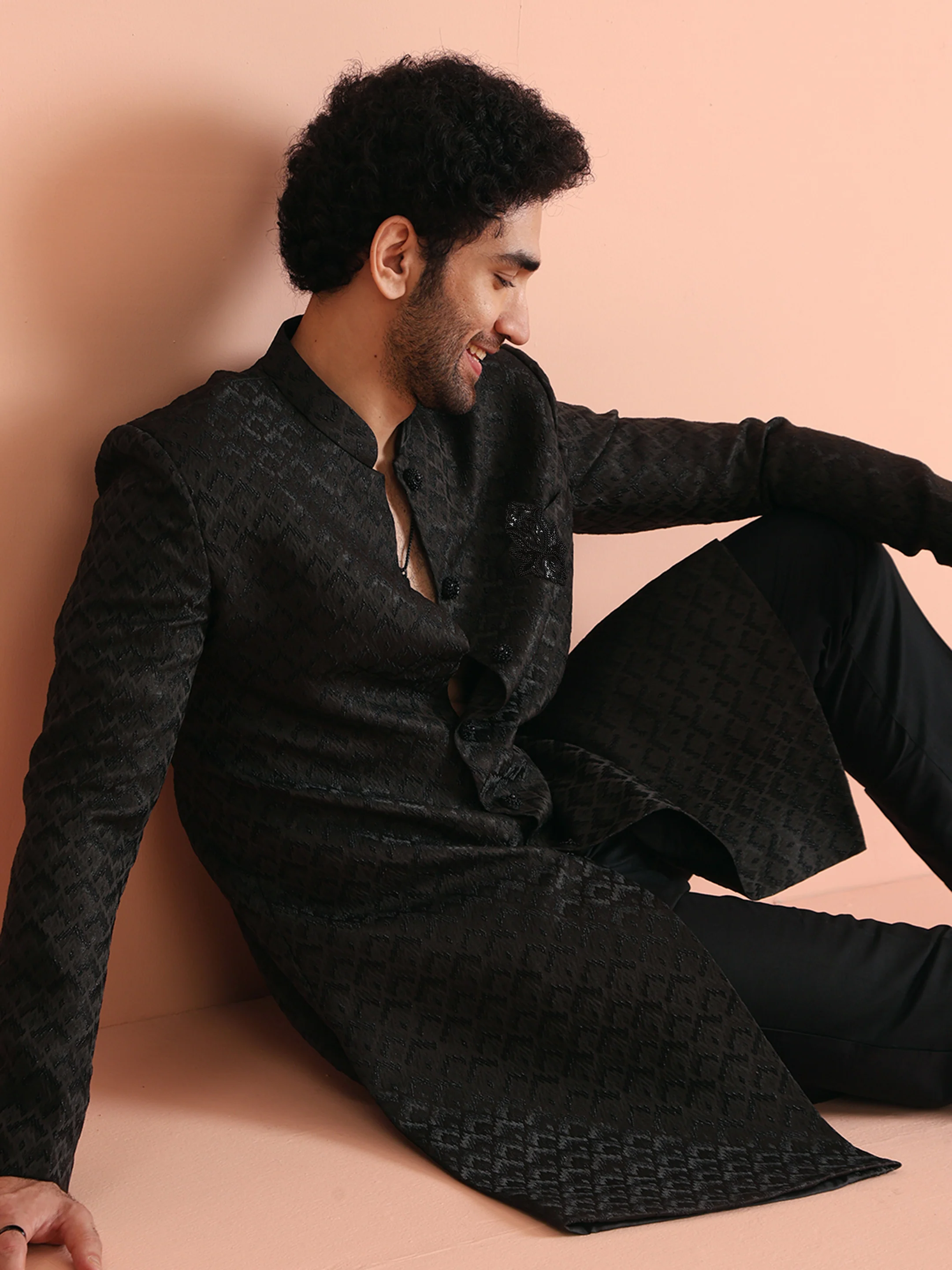 Men Black Self Design Indowestern Trousers Set - Image 8