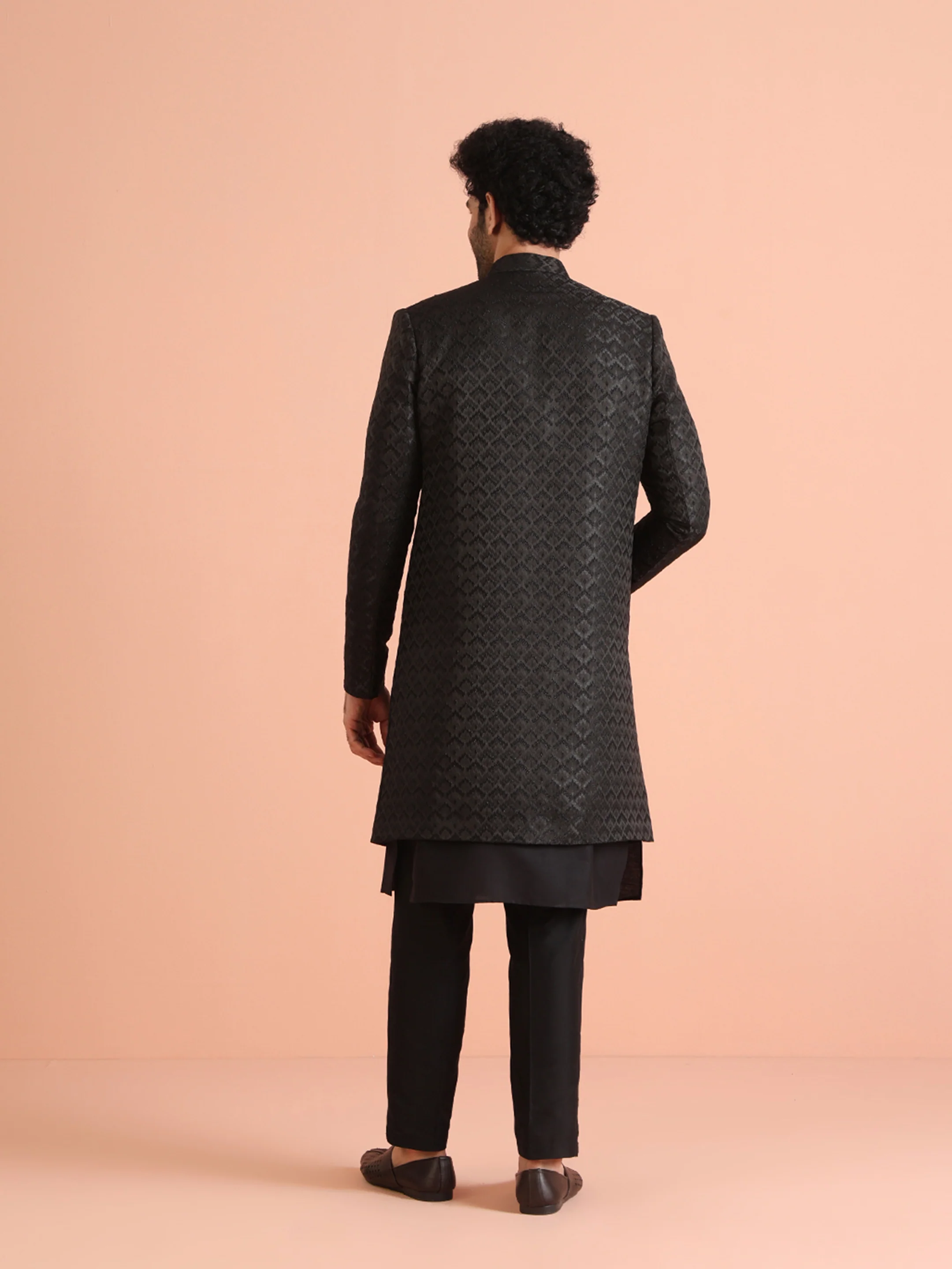 Men Black Self Design Kurta Indowestern Trousers Set - Image 4