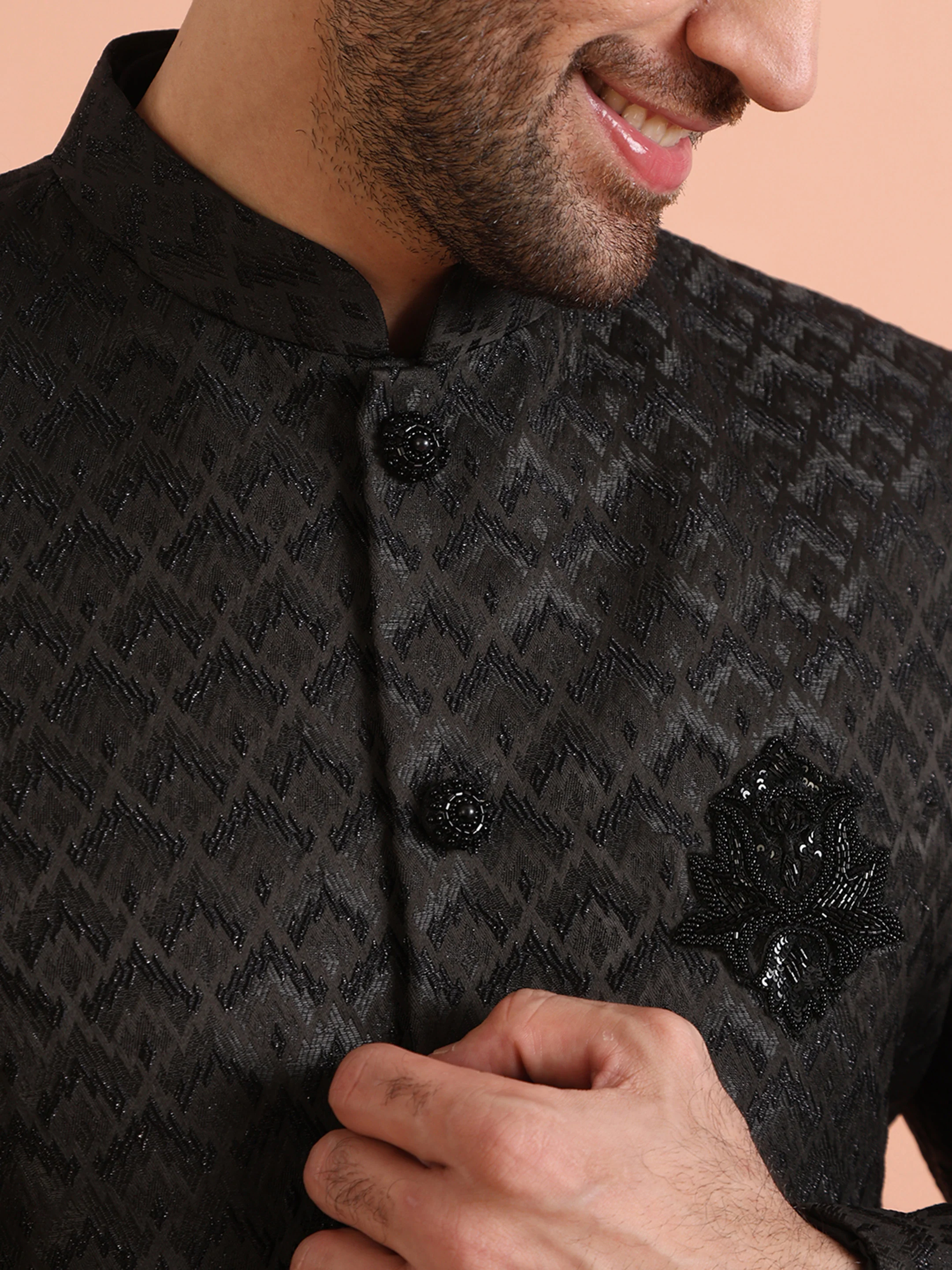 Men Black Self Design Kurta Indowestern Trousers Set - Image 5