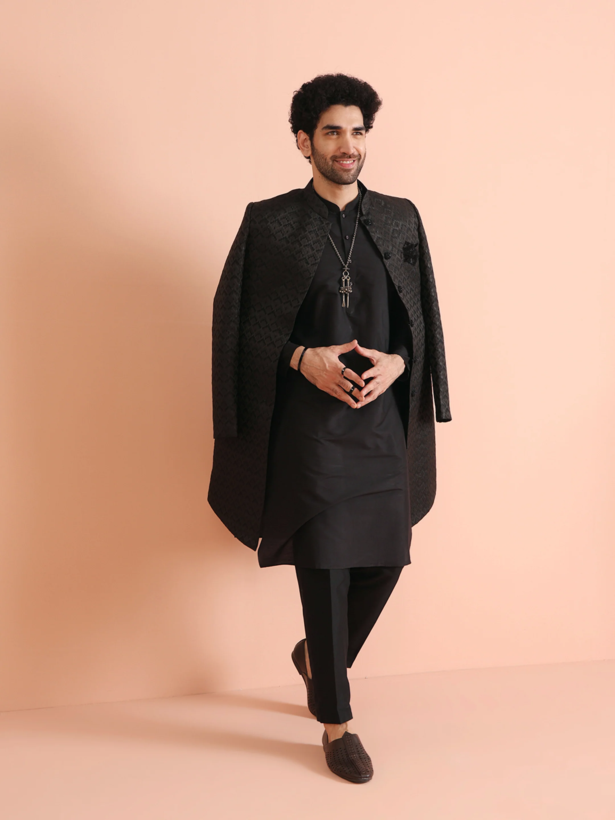 Men Black Self Design Kurta Indowestern Trousers Set - Image 7
