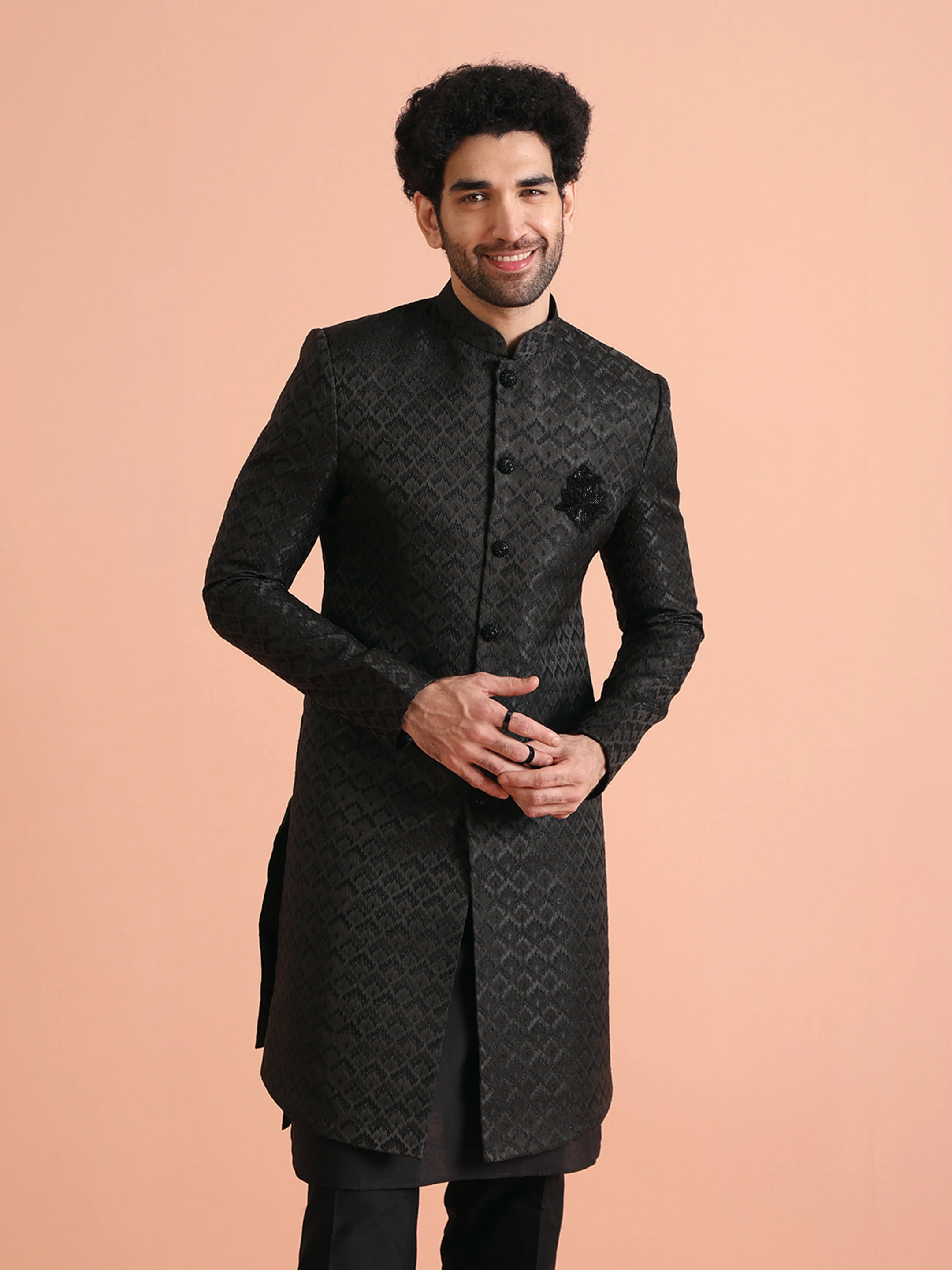 Men Black Self Design Kurta Indowestern Trousers Set - Image 8