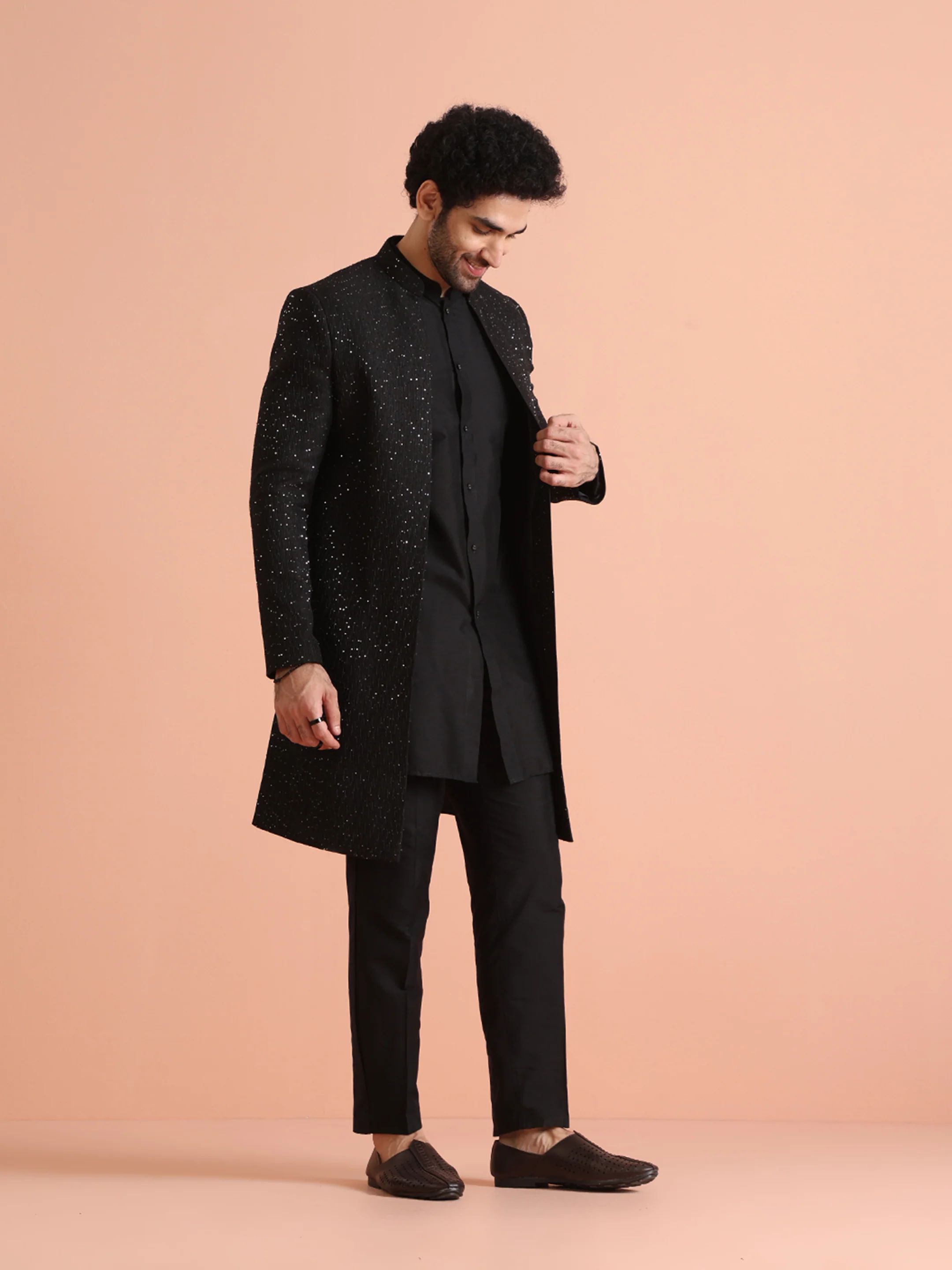 Black Sequinned Sherwani Kurta Trouser Set - Image 3