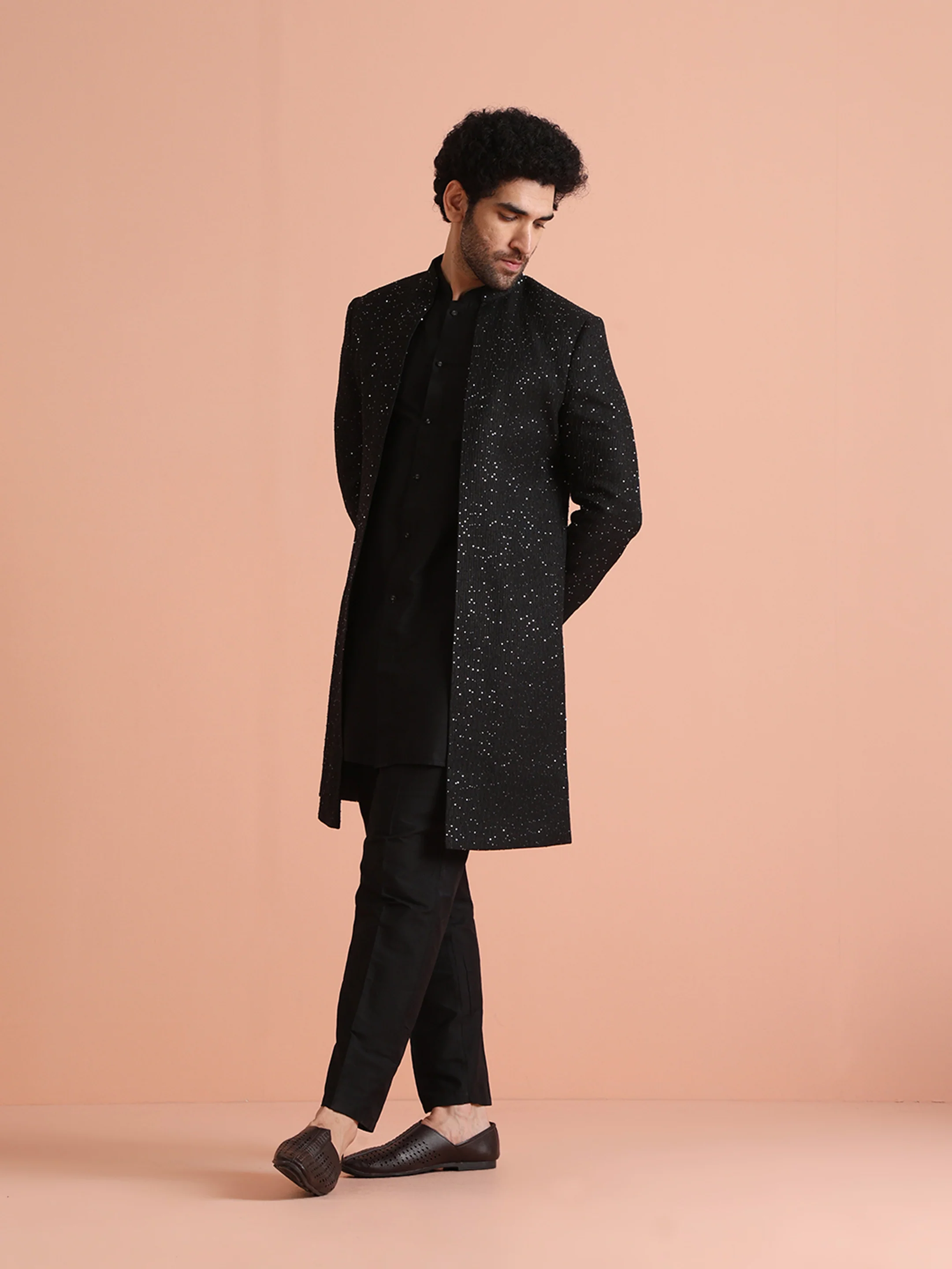 Black Sequinned Sherwani Kurta Trouser Set - Image 4
