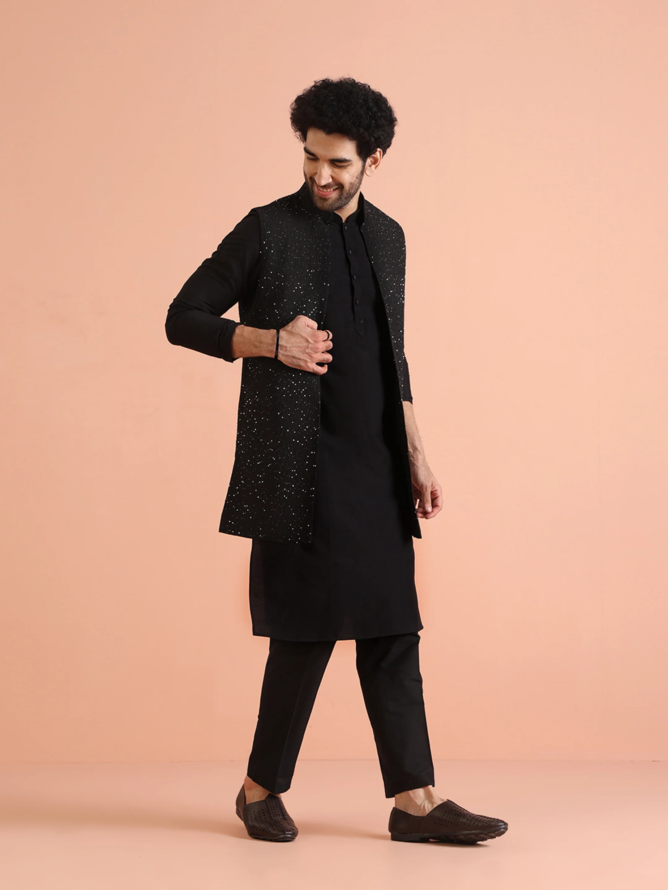Black Sequinned Jacket Kurta Trouser Set - Image 2