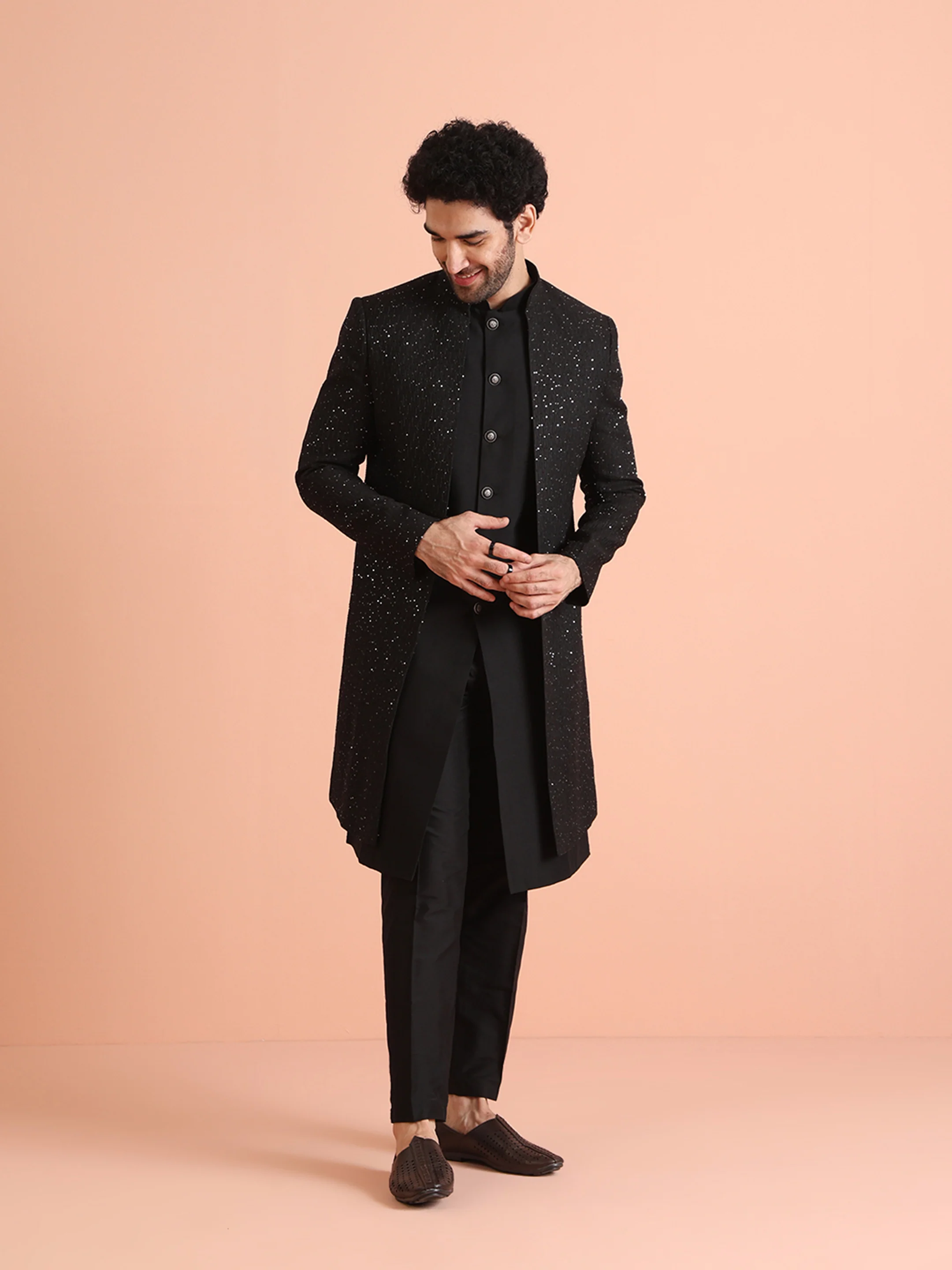 Men Black Sequinned Long Jacket Indo Western Trouser Set - Image 3