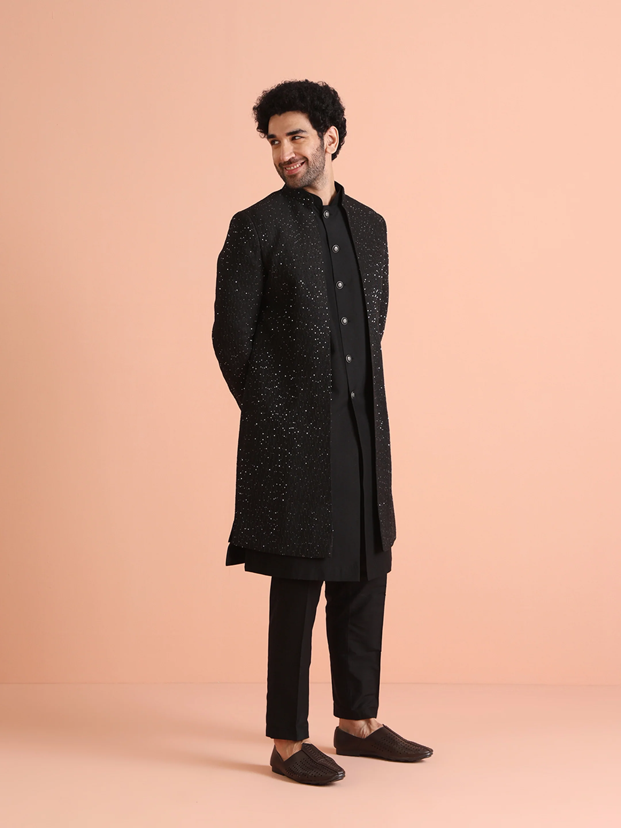Men Black Sequinned Long Jacket Indo Western Trouser Set - Image 4