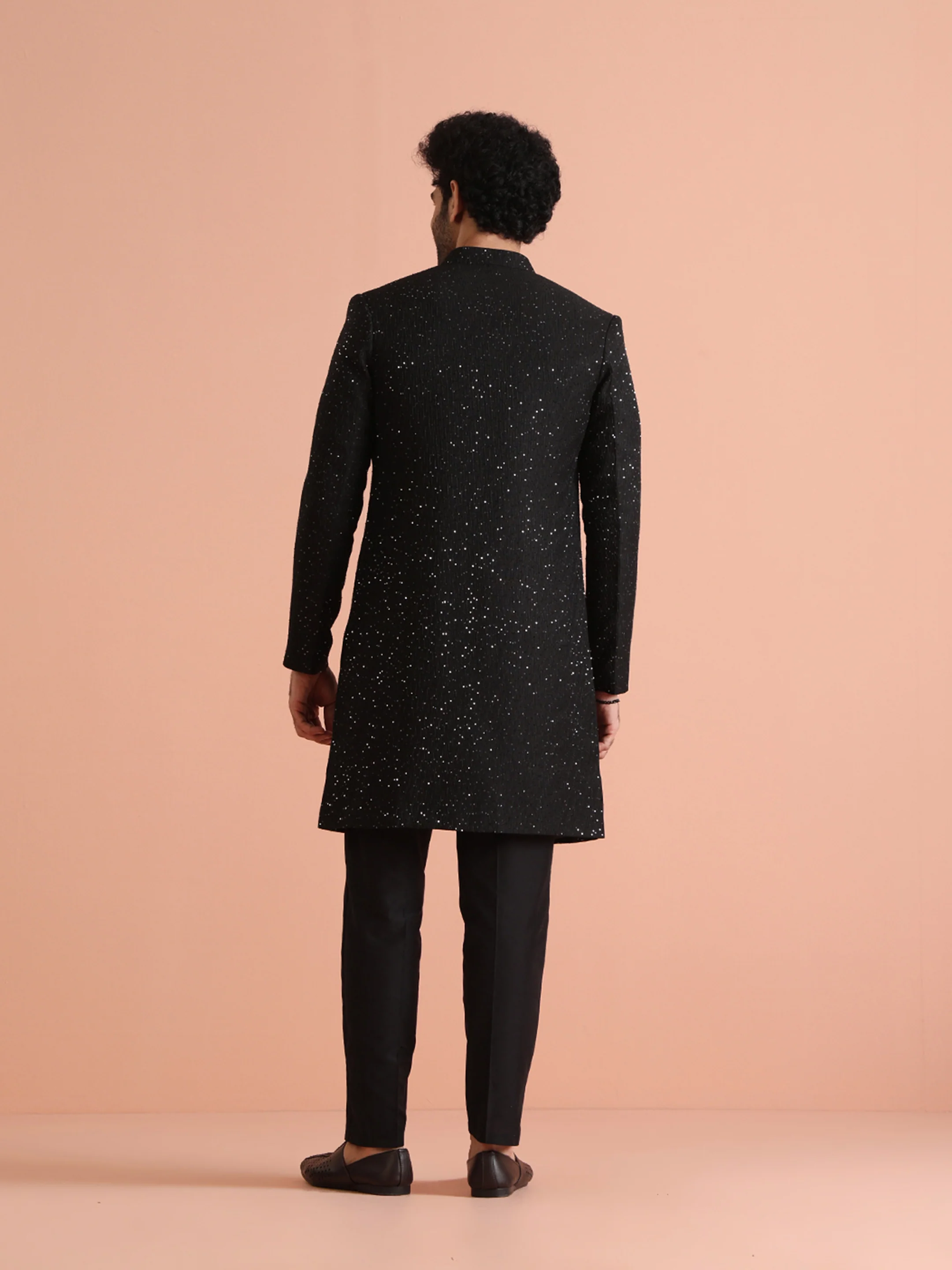 Men Black Sequinned Long Jacket Indo Western Trouser Set - Image 5