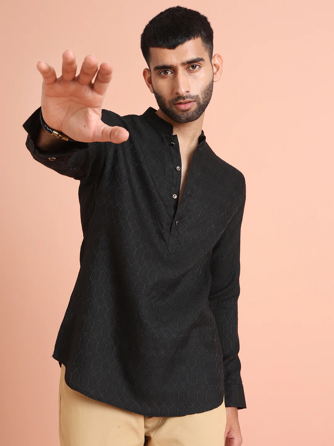 Black Self-Textured Short Kurta - Image 3