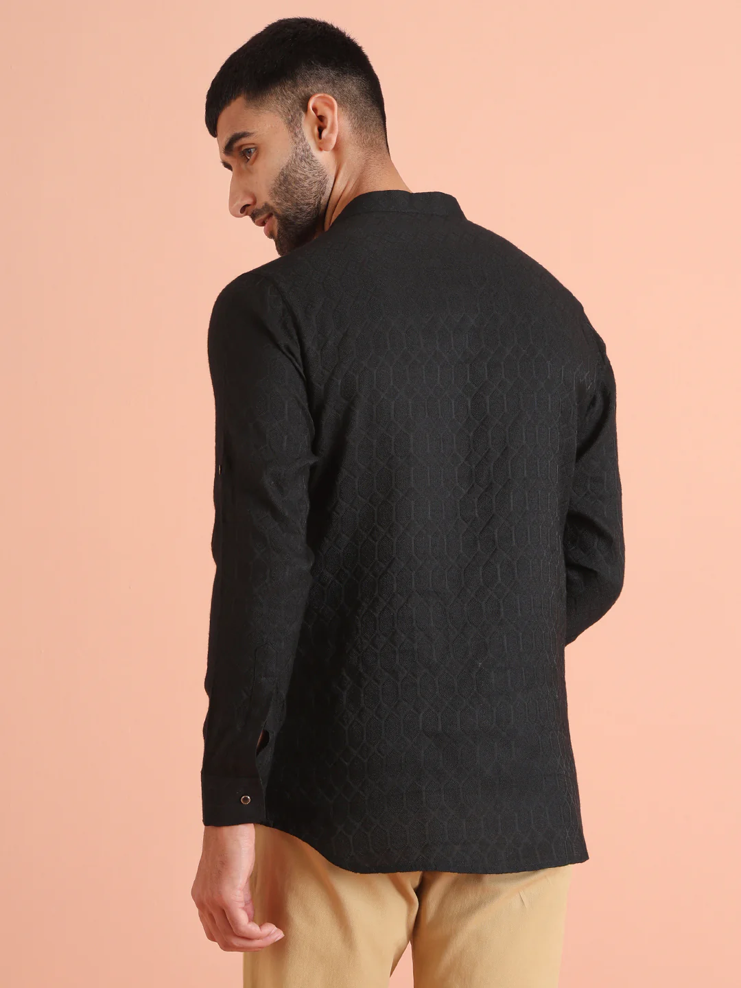 Black Self-Textured Short Kurta - Image 4