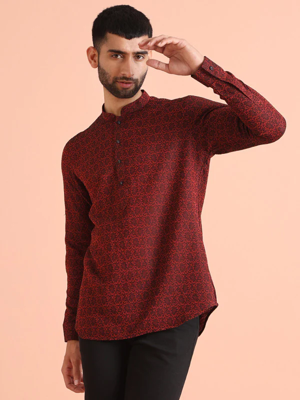Red Printed Cotton Blend Short Kurta - Image 4