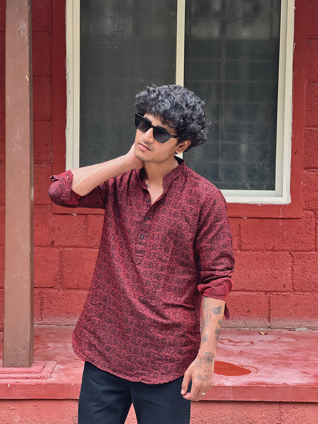 Red Printed Cotton Blend Short Kurta - Image 8