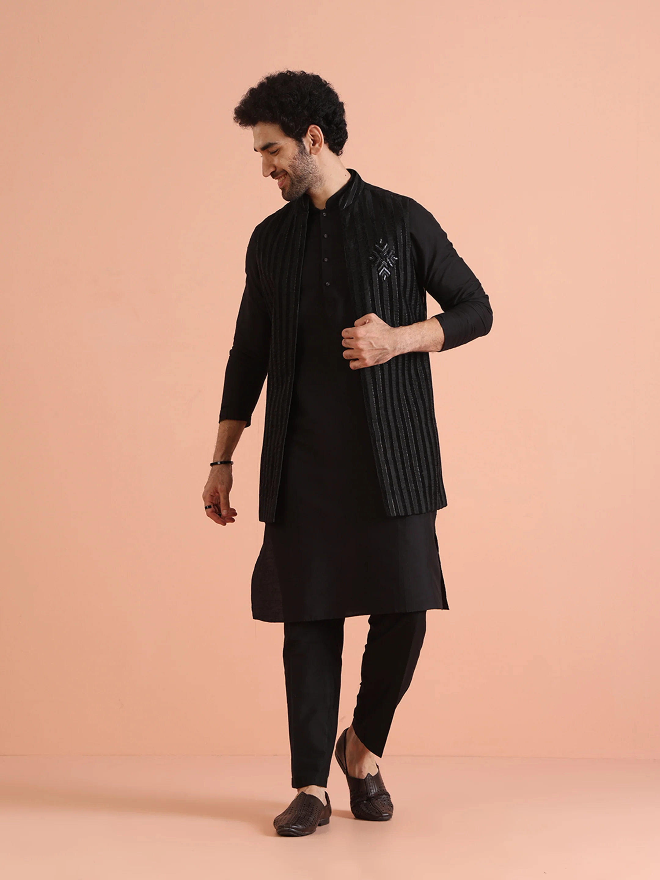 Black Striped Nehru Jacket Kurta Trouser - Image 2