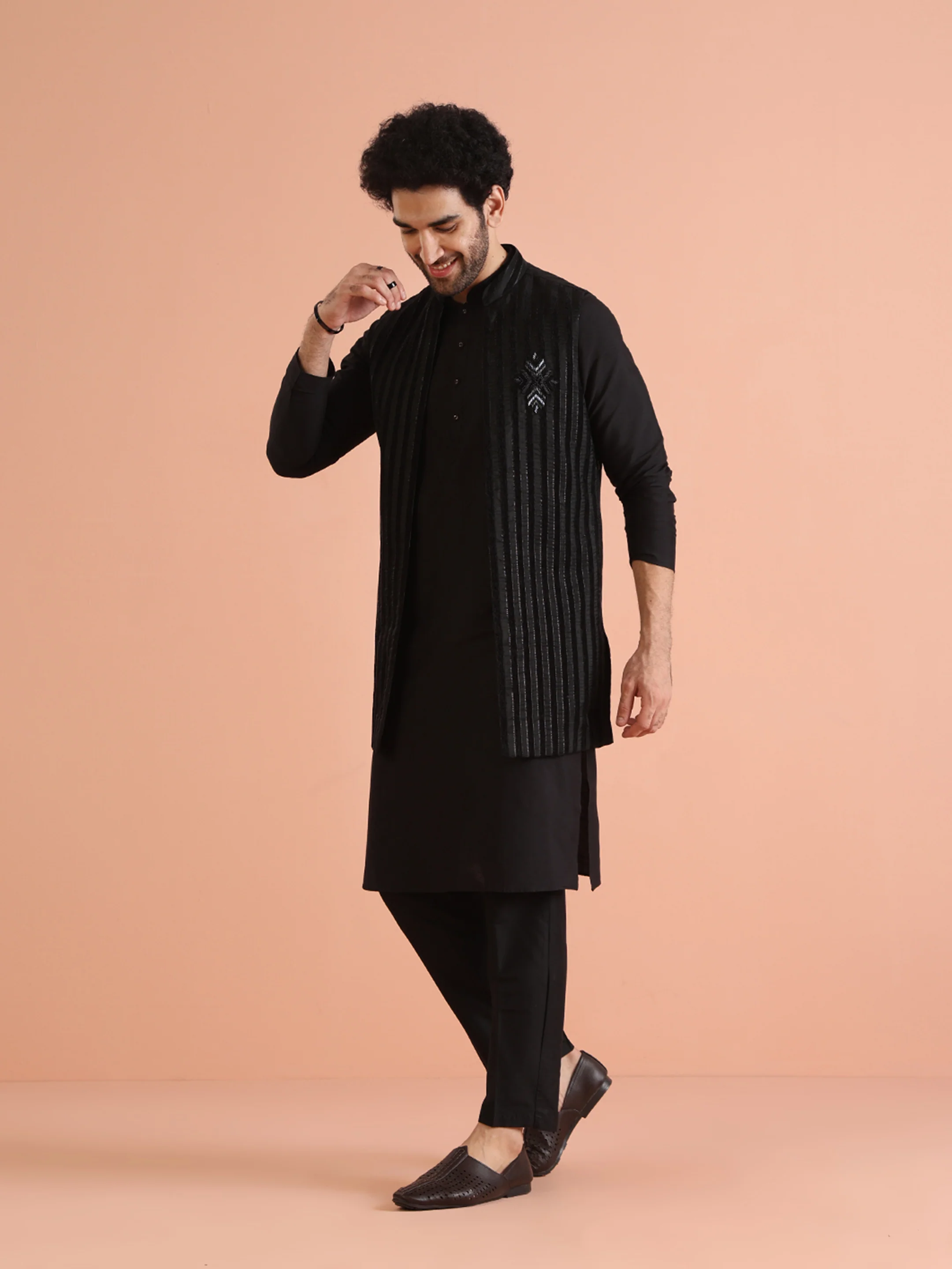 Black Striped Nehru Jacket Kurta Trouser - Image 4