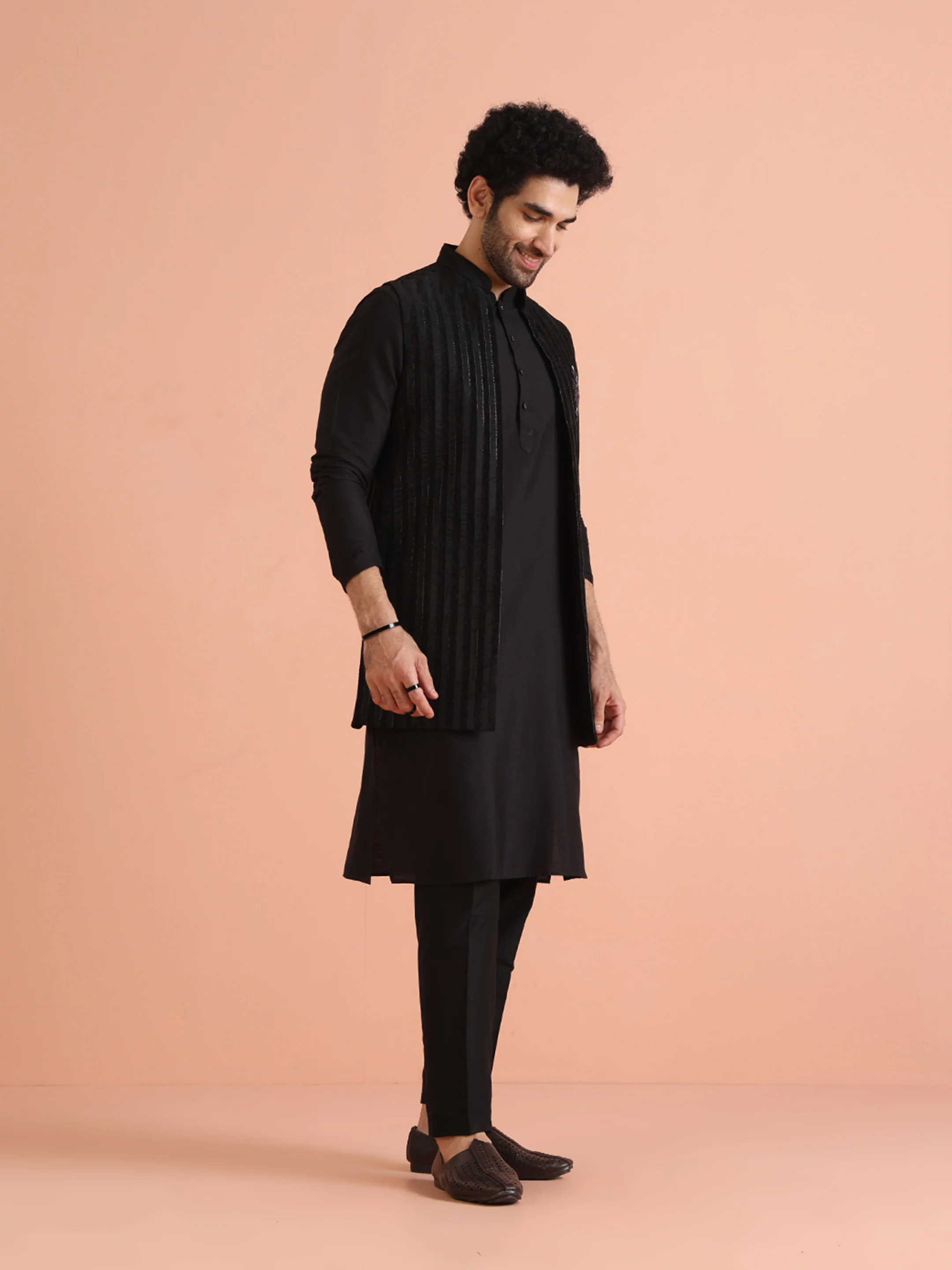 Black Velvet Metallic Front Open Long Jacket - Image 2