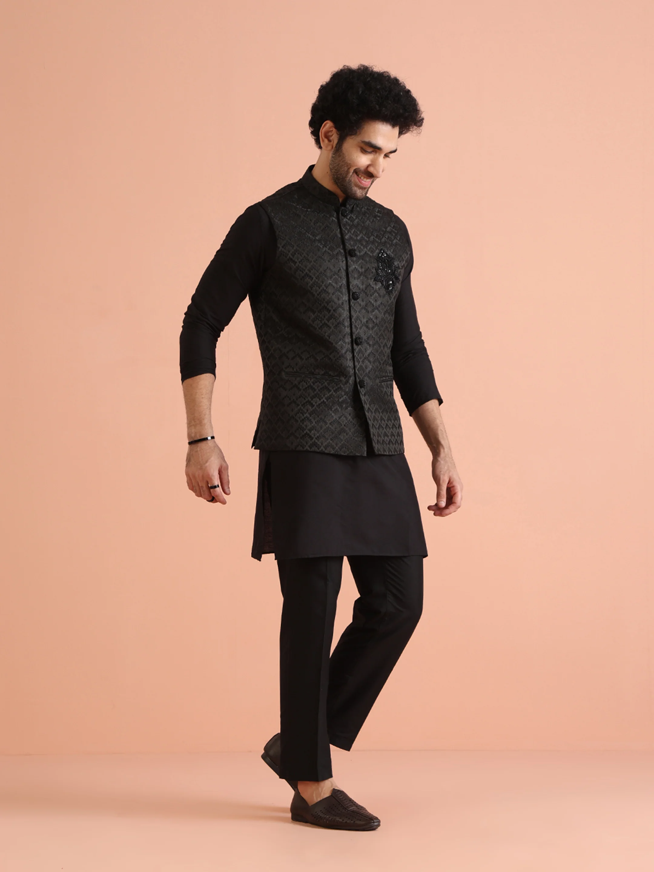 Black Cotton Silk Woven Nehru Jacket Kurta Trouser - Image 3