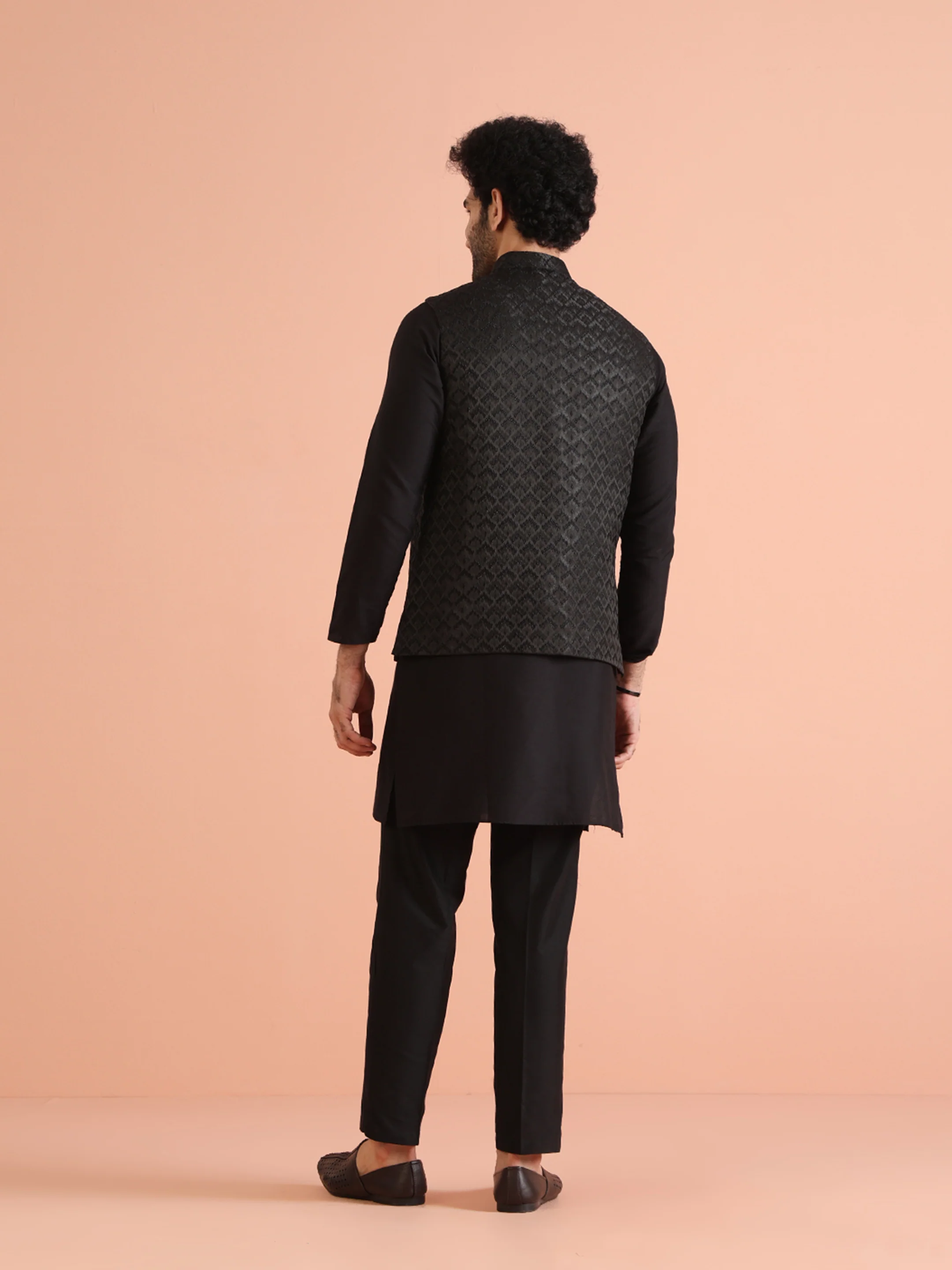 Black Cotton Silk Woven Nehru Jacket Kurta Trouser - Image 4