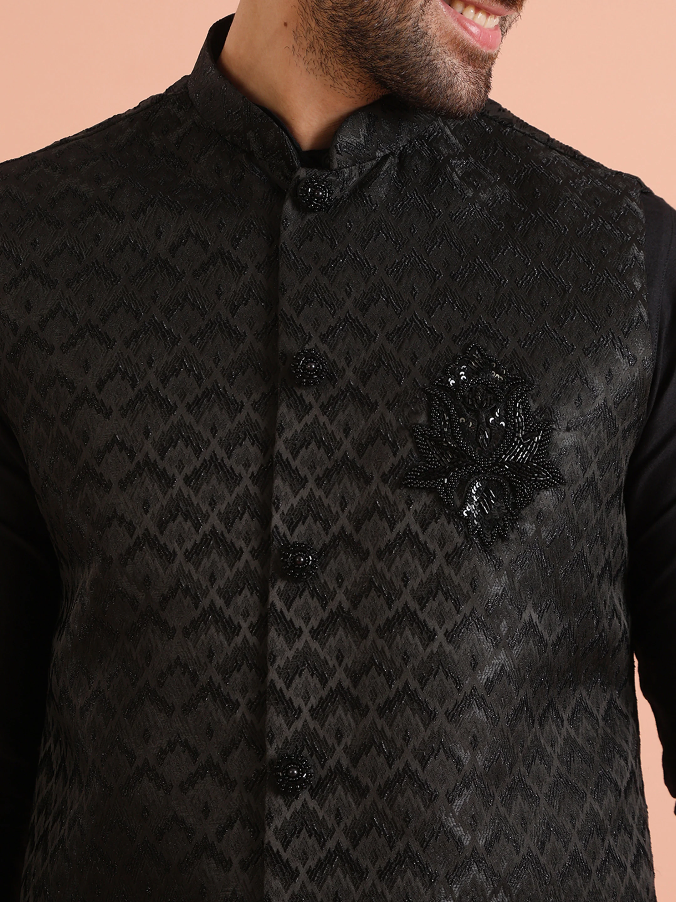 Black Cotton Silk Woven Nehru Jacket Kurta Trouser - Image 5