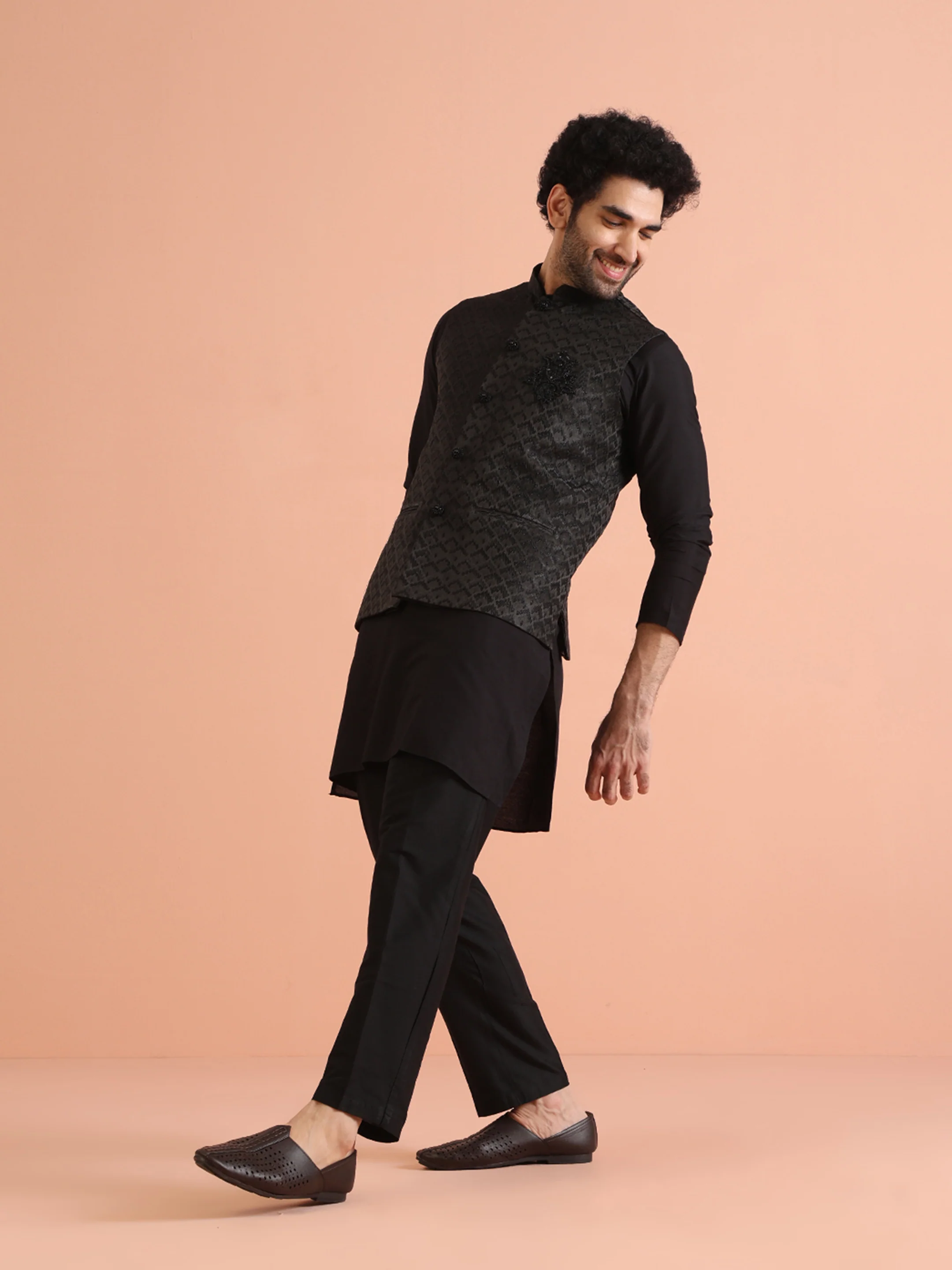 Black Cotton Silk Woven Nehru Jacket Kurta Trouser - Image 7