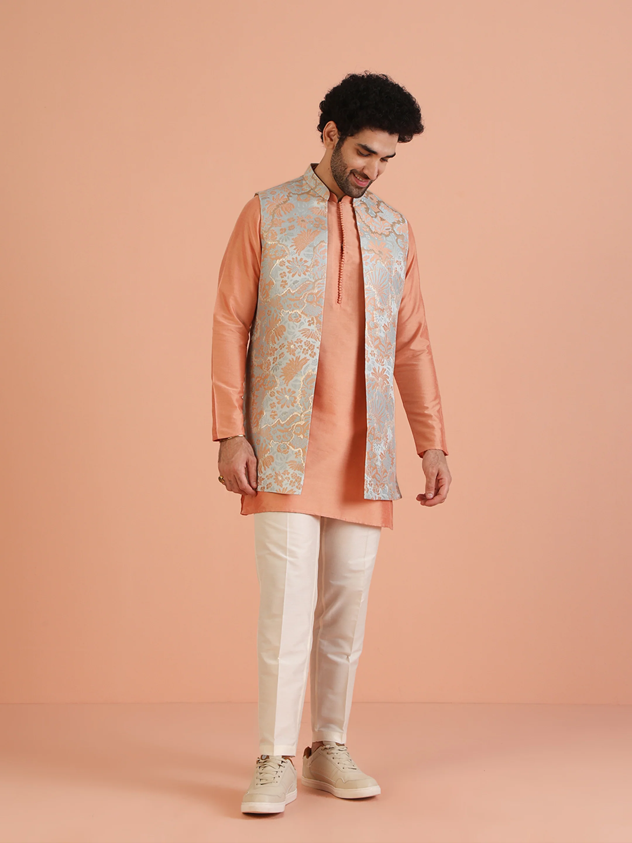 Blue Floral Jacquard Nehru Jacket Pink Kurta Set - Image 2