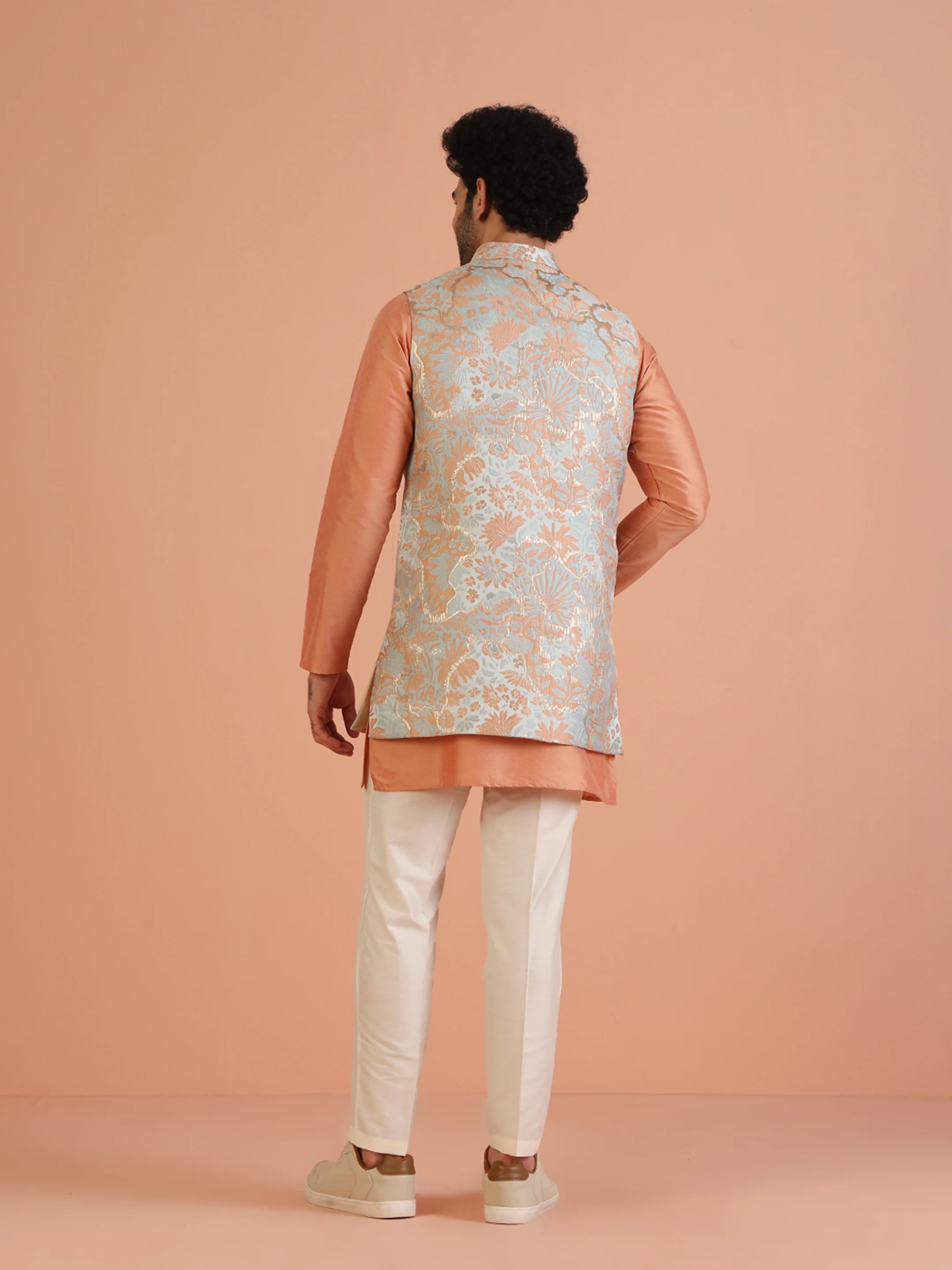 Blue Floral Jacquard Nehru Jacket Pink Kurta Set - Image 5